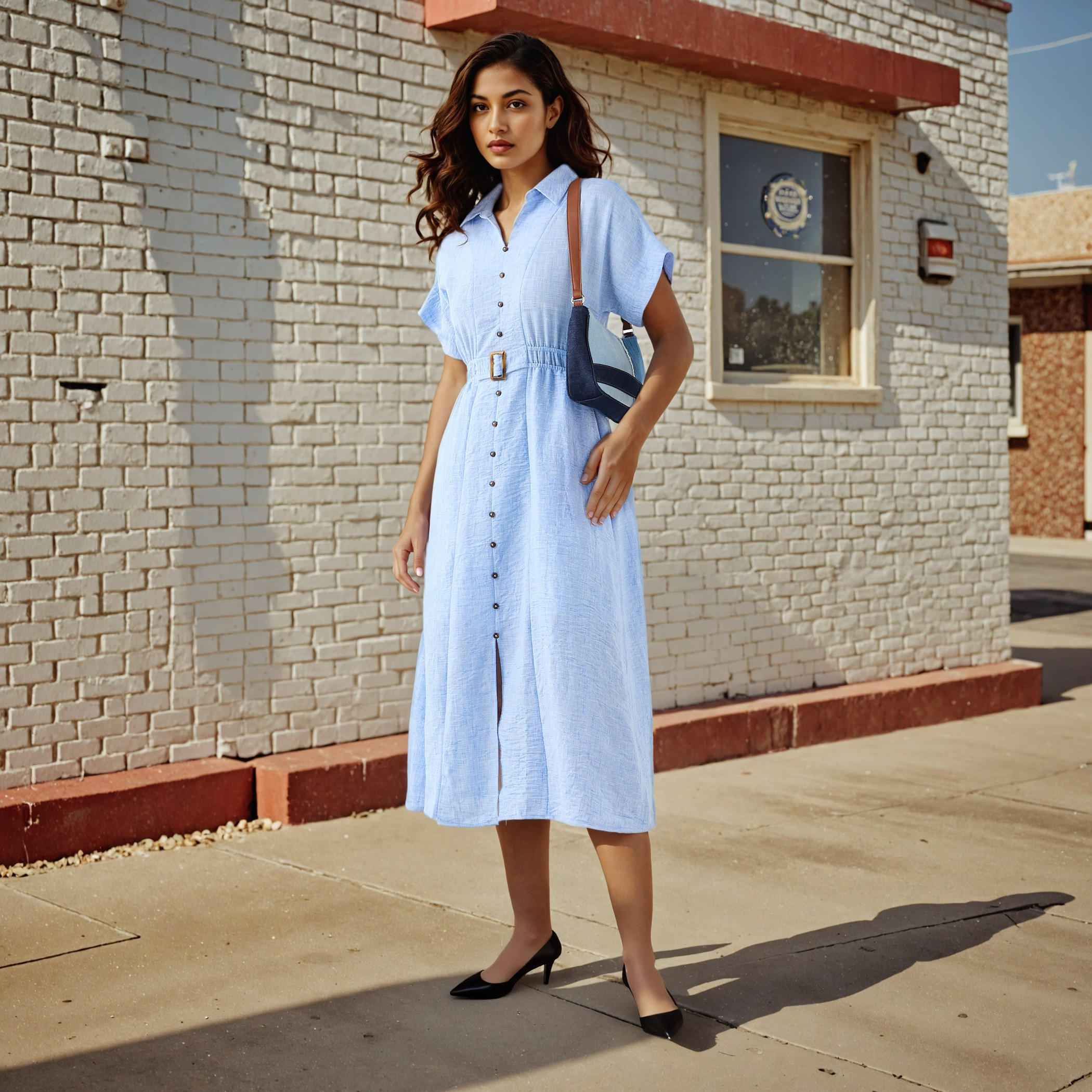 Belted Shirt Dress with Extended Short Sleeves-women-clothing-dresses-image-2