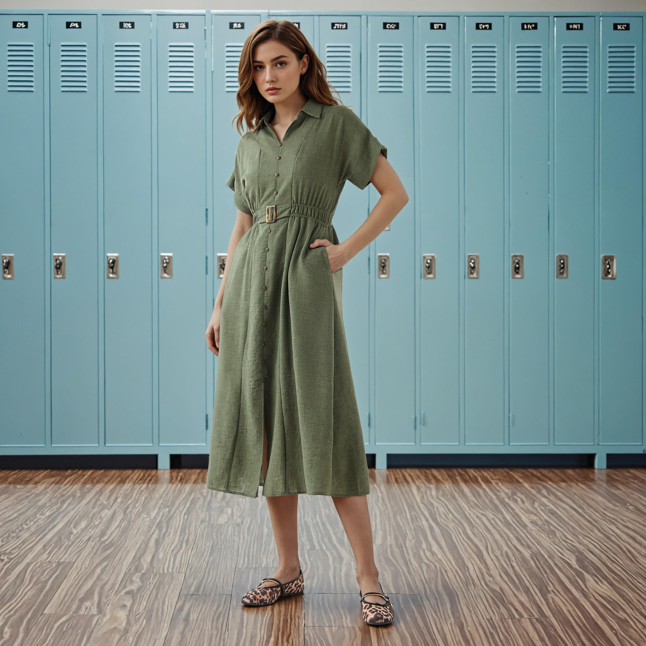 Belted Shirt Dress with Extended Short Sleeves-women-clothing-dresses-image-1