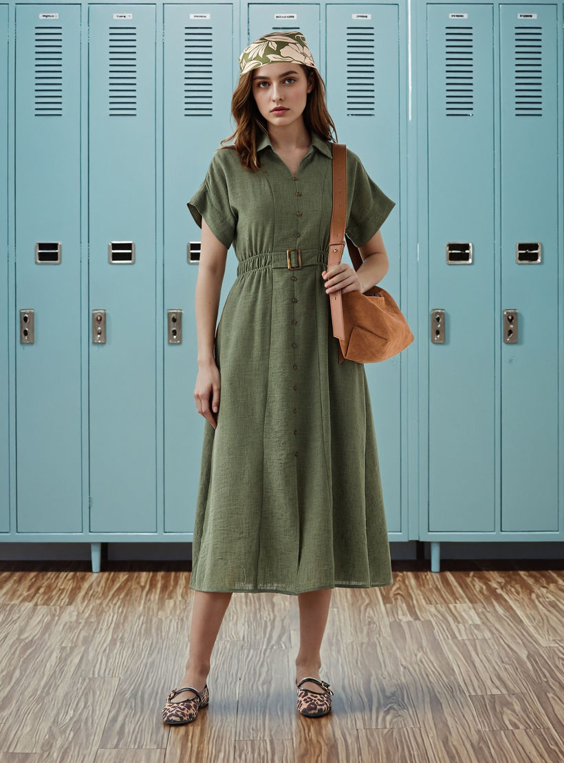 Belted Shirt Dress with Extended Short Sleeves-women-clothing-dresses-image-2