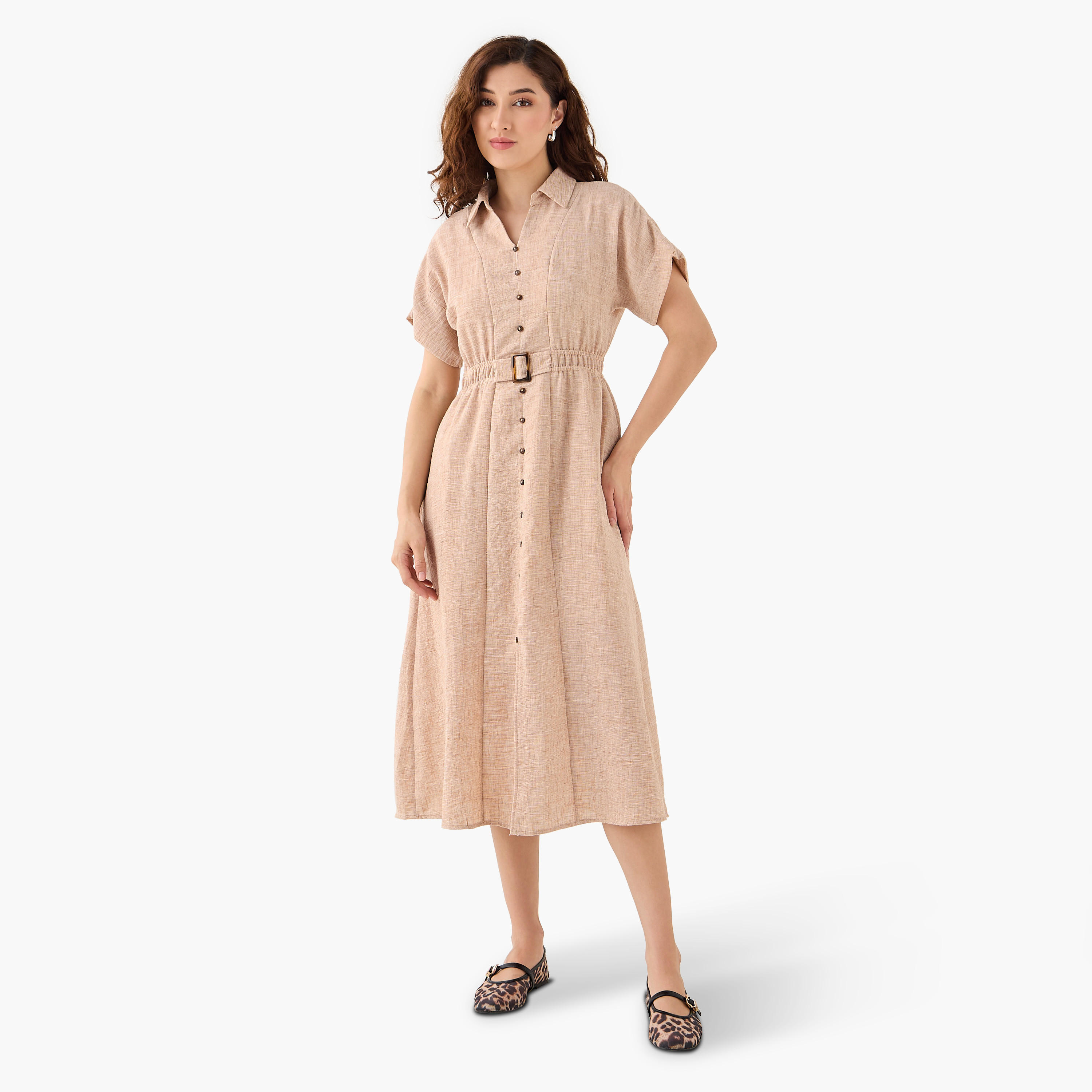 Belted Shirt Dress with Extended Short Sleeves-women-clothing-dresses-image-1