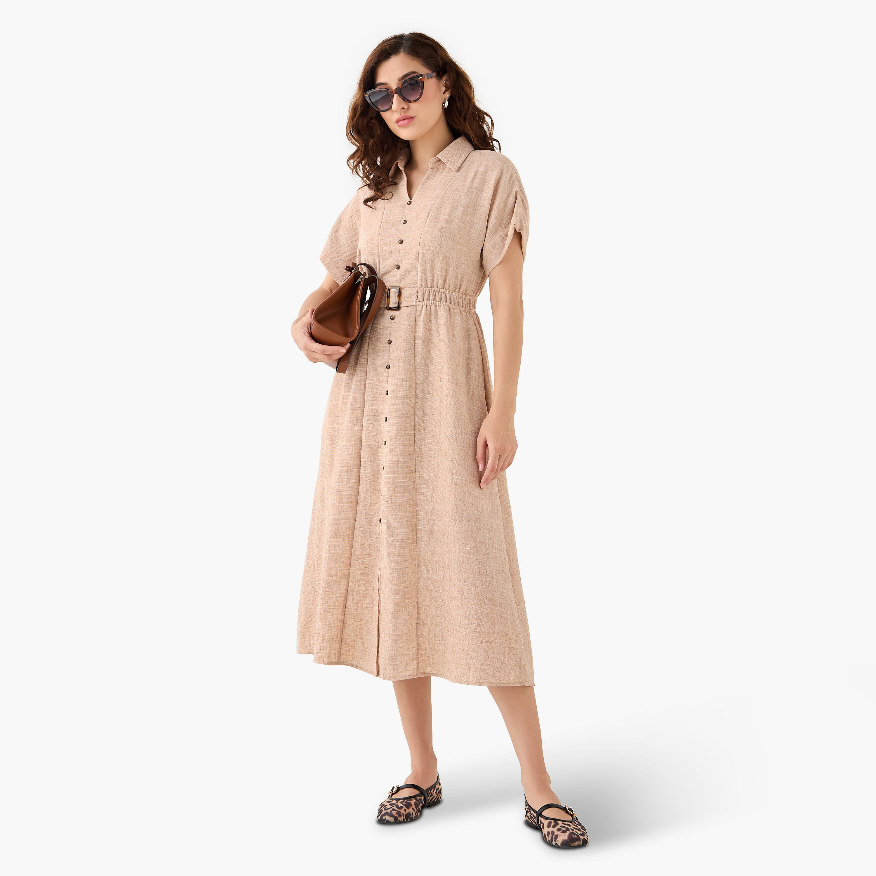 Belted Shirt Dress with Extended Short Sleeves-women-clothing-dresses-image-2