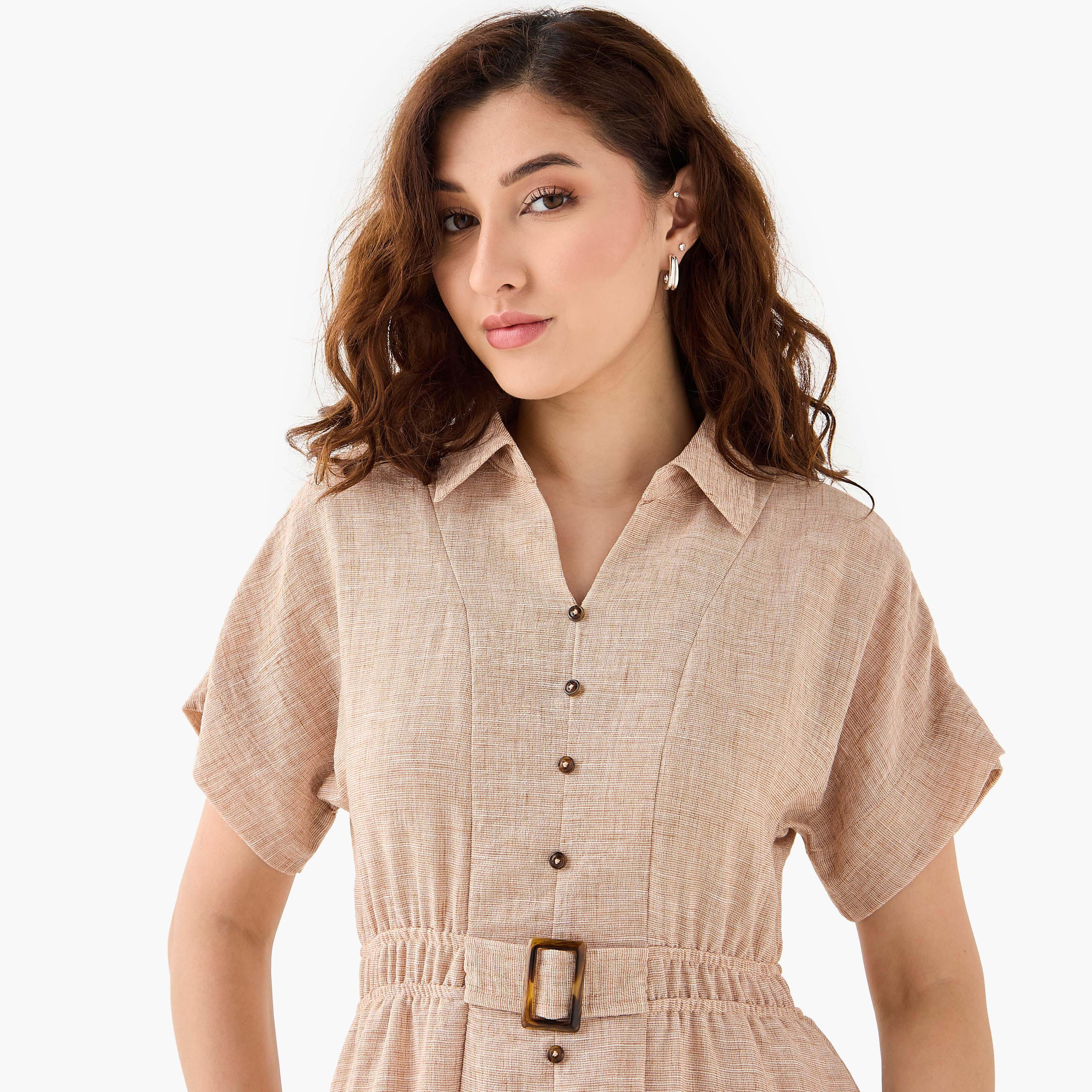 Belted Shirt Dress with Extended Short Sleeves-women-clothing-dresses-image-4