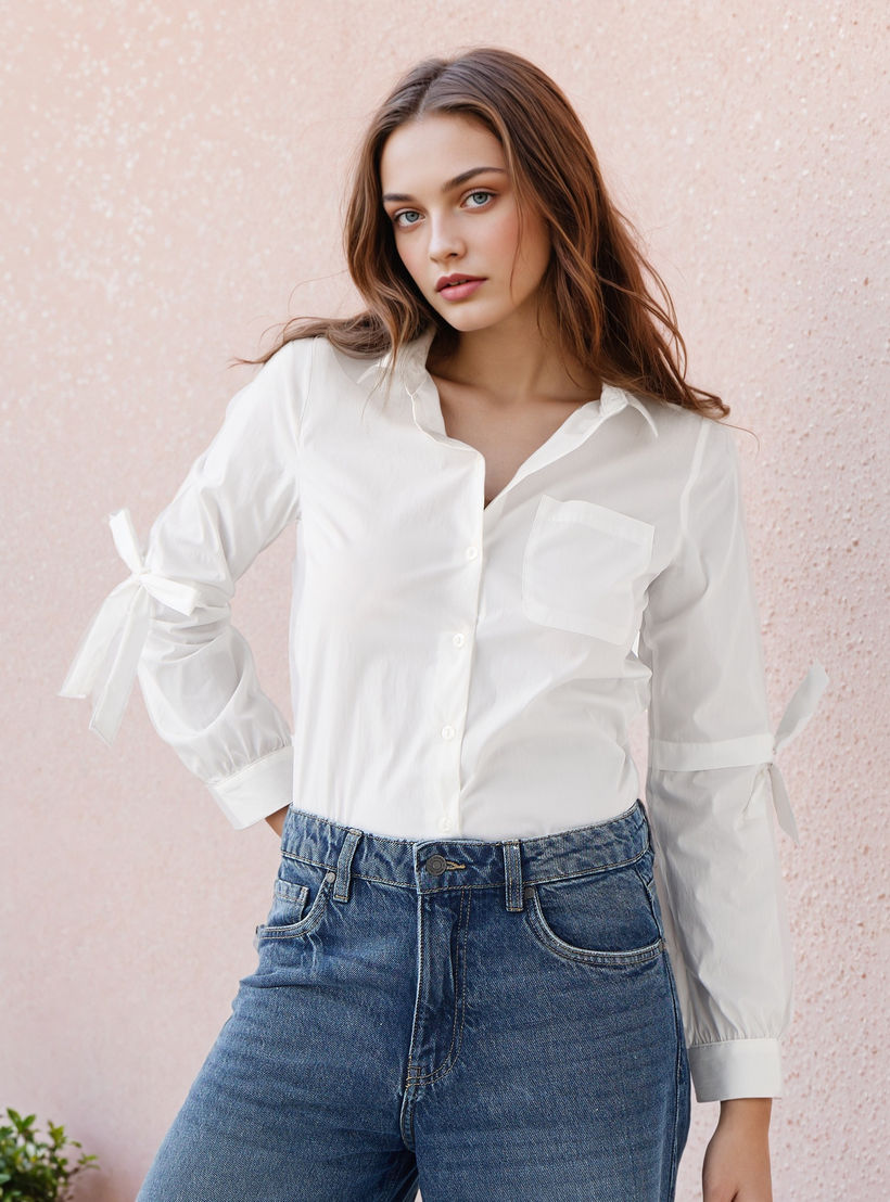 قميص شفاف بارز الملمس وجيب على الصدر وتفاصيل رباط-women-clothing-shirtsandblouses-shirts-image-1