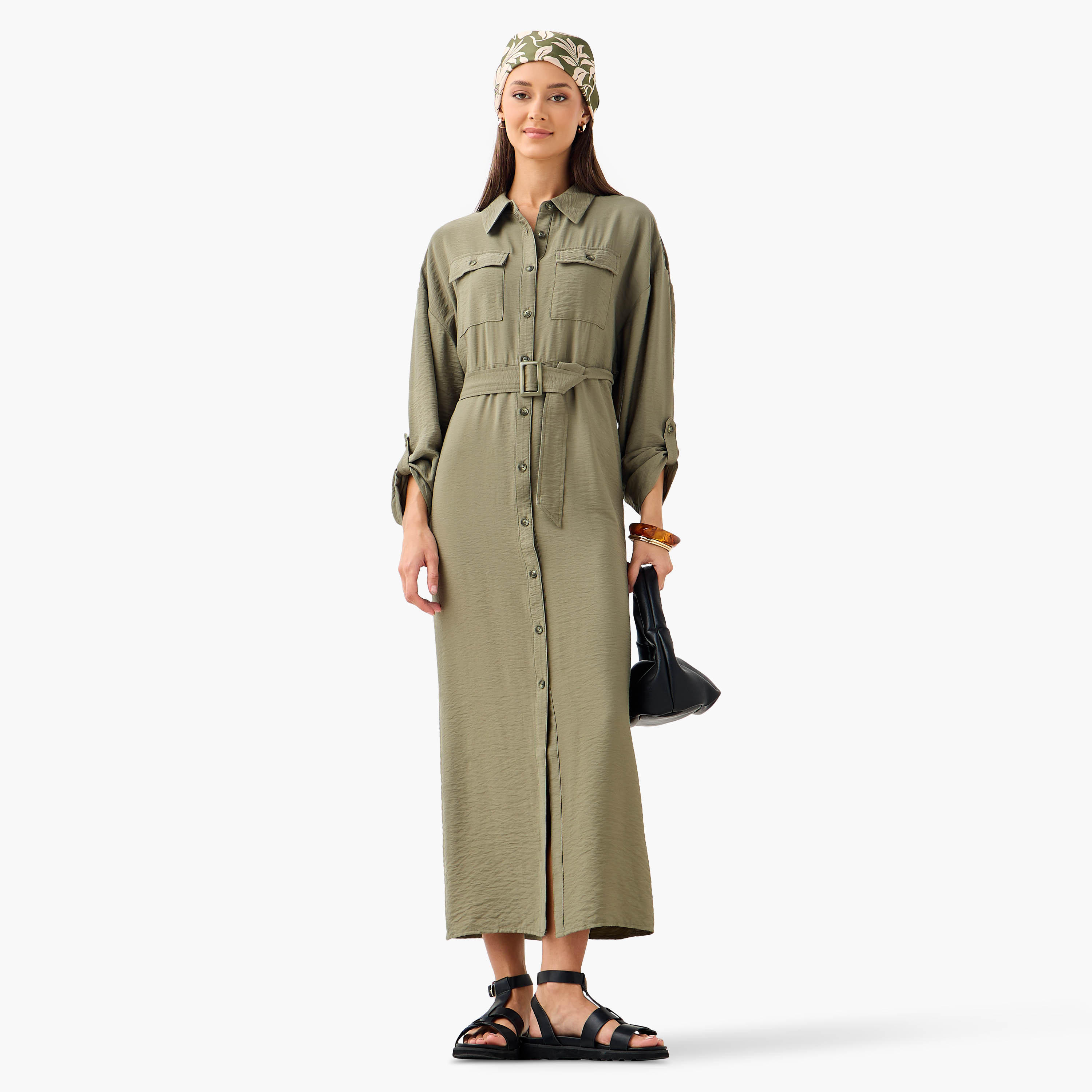 Maxi Shirt Dress with Pockets and Detachable Belt-women-clothing-dresses-image-1