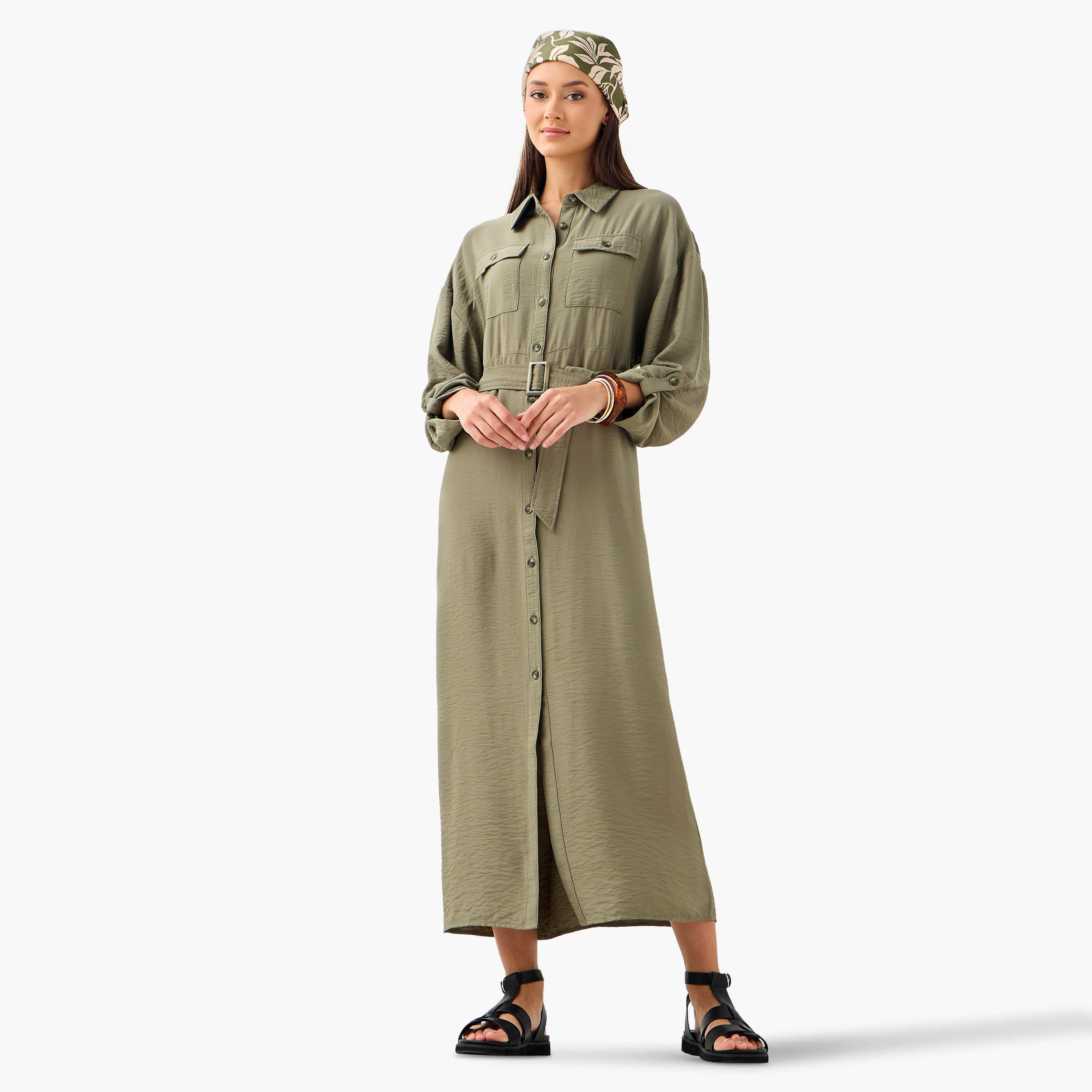 Maxi Shirt Dress with Pockets and Detachable Belt-women-clothing-dresses-image-2