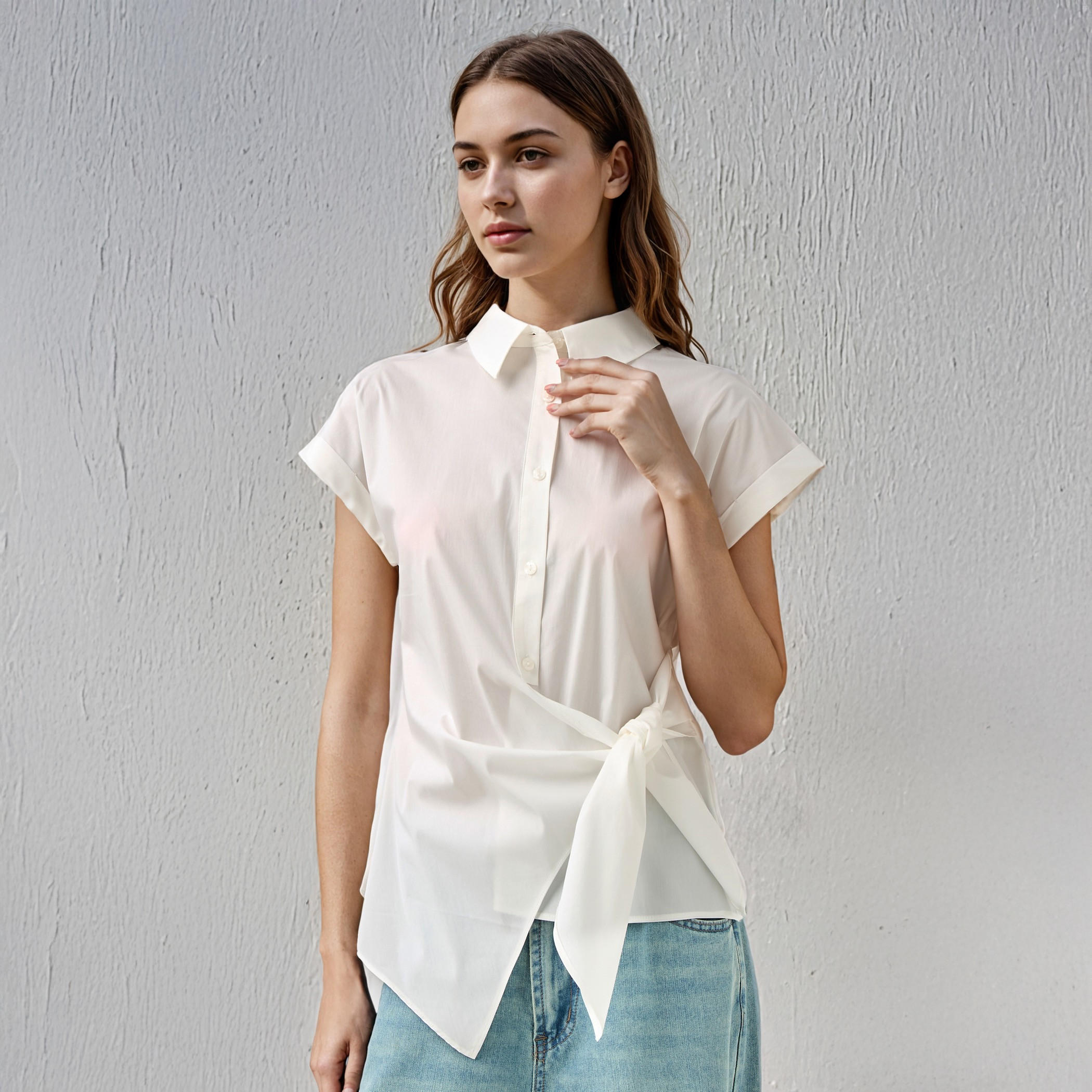 Knot Detail Shirt with Collar and Extended Short Sleeves-women-clothing-shirtsandblouses-shirts-image-1