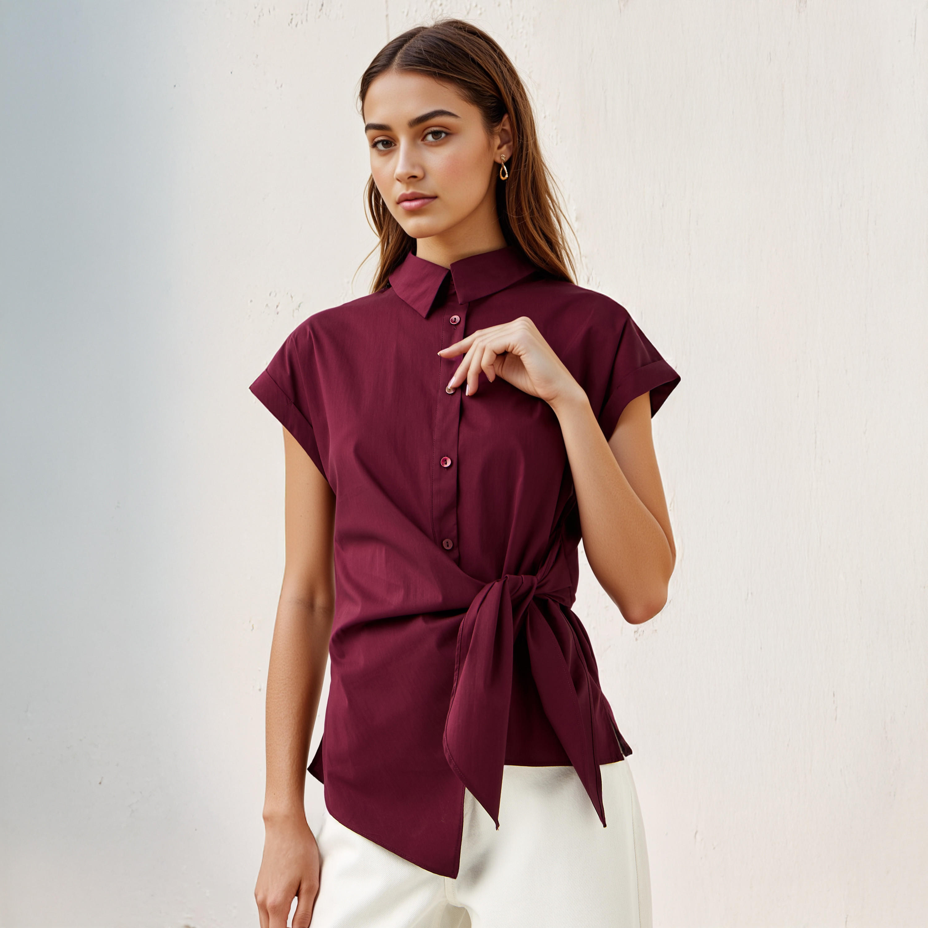Knot Detail Shirt with Collar and Extended Short Sleeves-women-clothing-shirtsandblouses-shirts-image-1