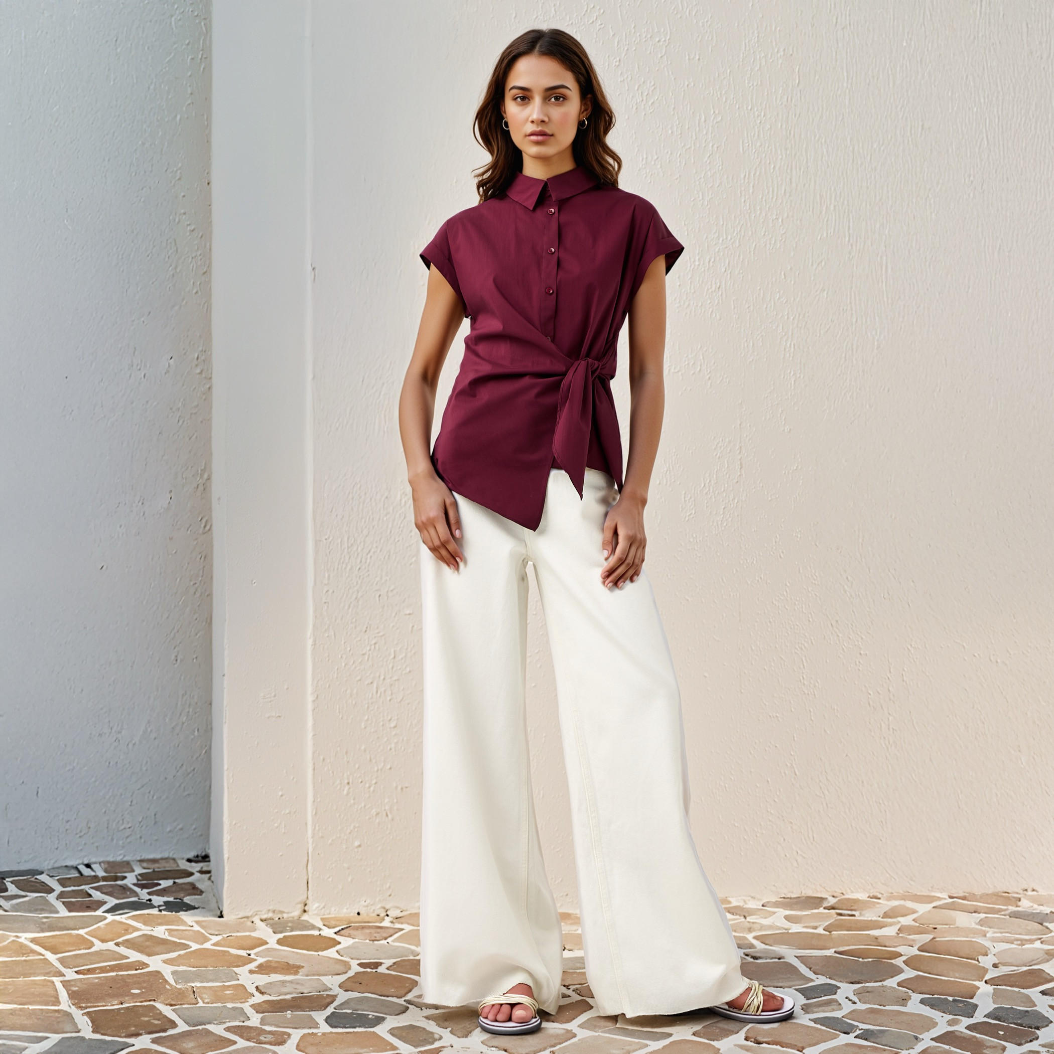 Knot Detail Shirt with Collar and Extended Short Sleeves-women-clothing-shirtsandblouses-shirts-image-2