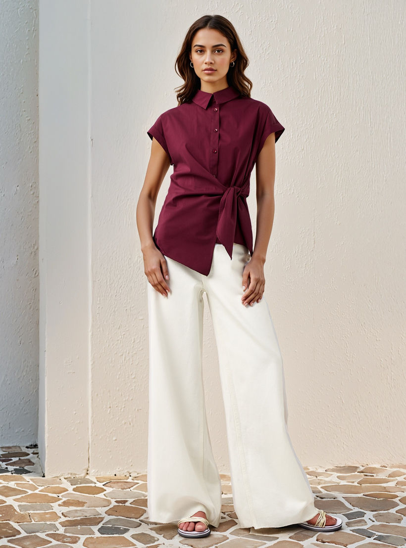 Knot Detail Shirt with Collar and Extended Short Sleeves-women-clothing-shirtsandblouses-shirts-image-2