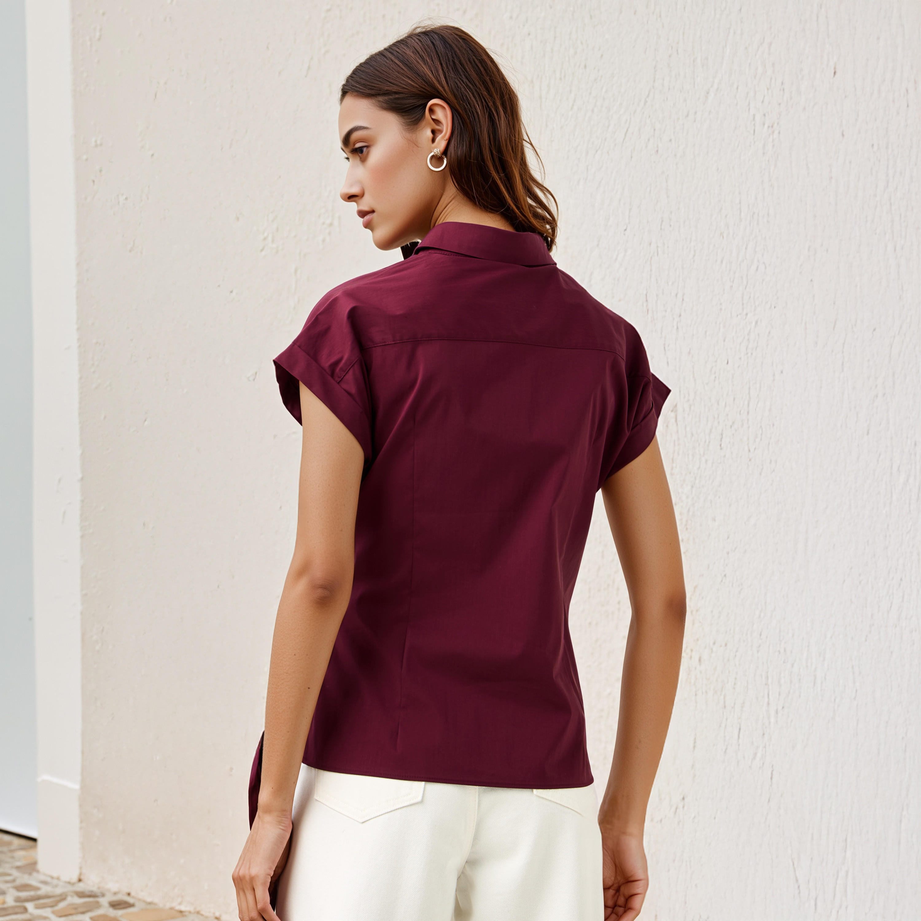 Knot Detail Shirt with Collar and Extended Short Sleeves-women-clothing-shirtsandblouses-shirts-image-3