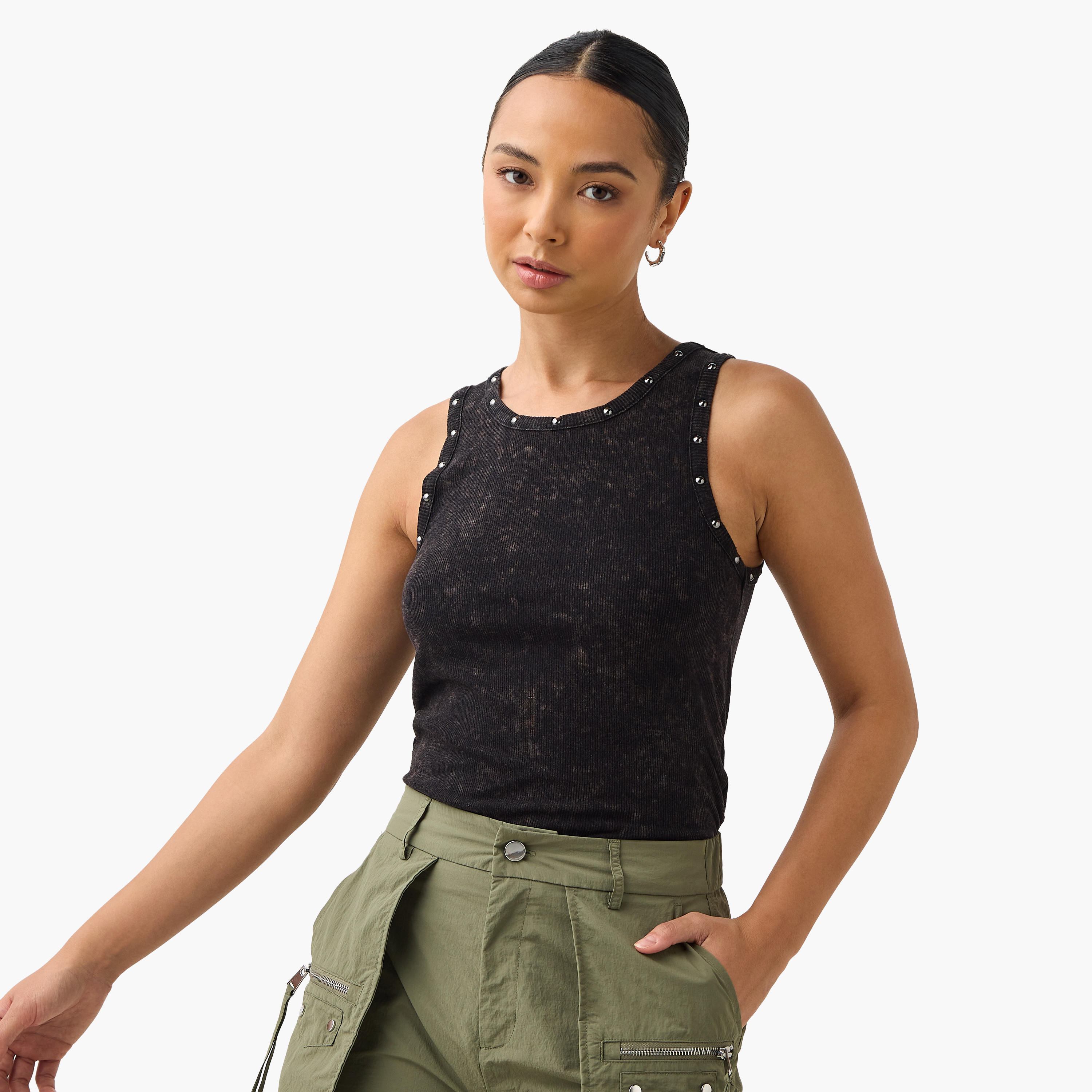 Metallic Eyelet Detail Tank Top-women-clothing-tshirts-image-1