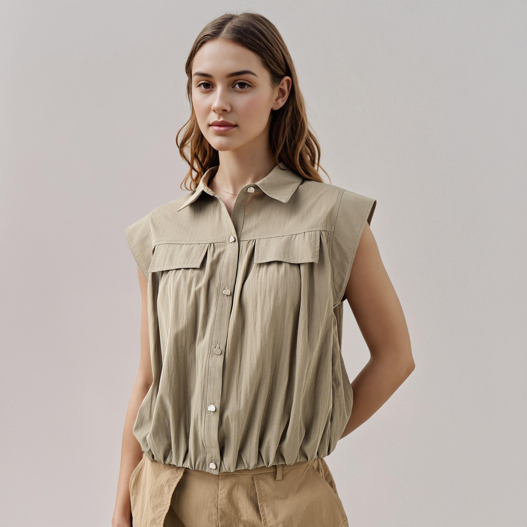 Flap Detail Cap Sleeves Collared Shirt-women-clothing-shirtsandblouses-shirts-image-1