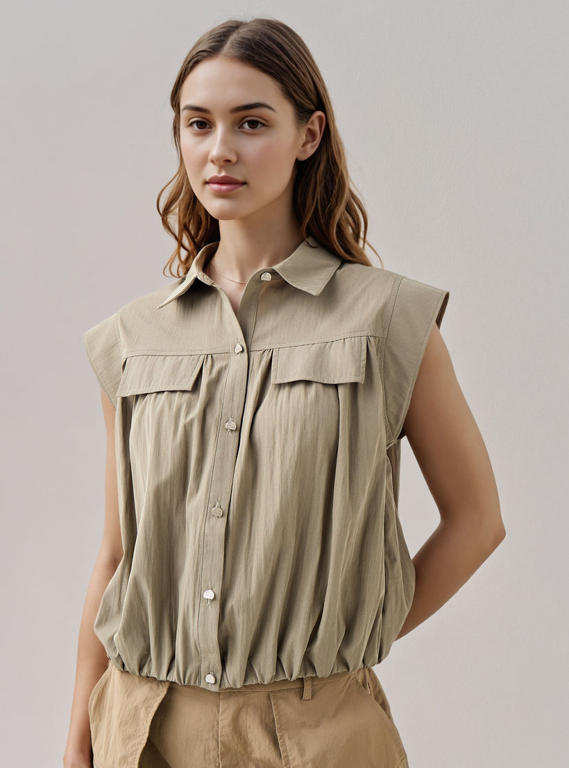 Flap Detail Cap Sleeves Collared Shirt-women-clothing-shirtsandblouses-shirts-image-1