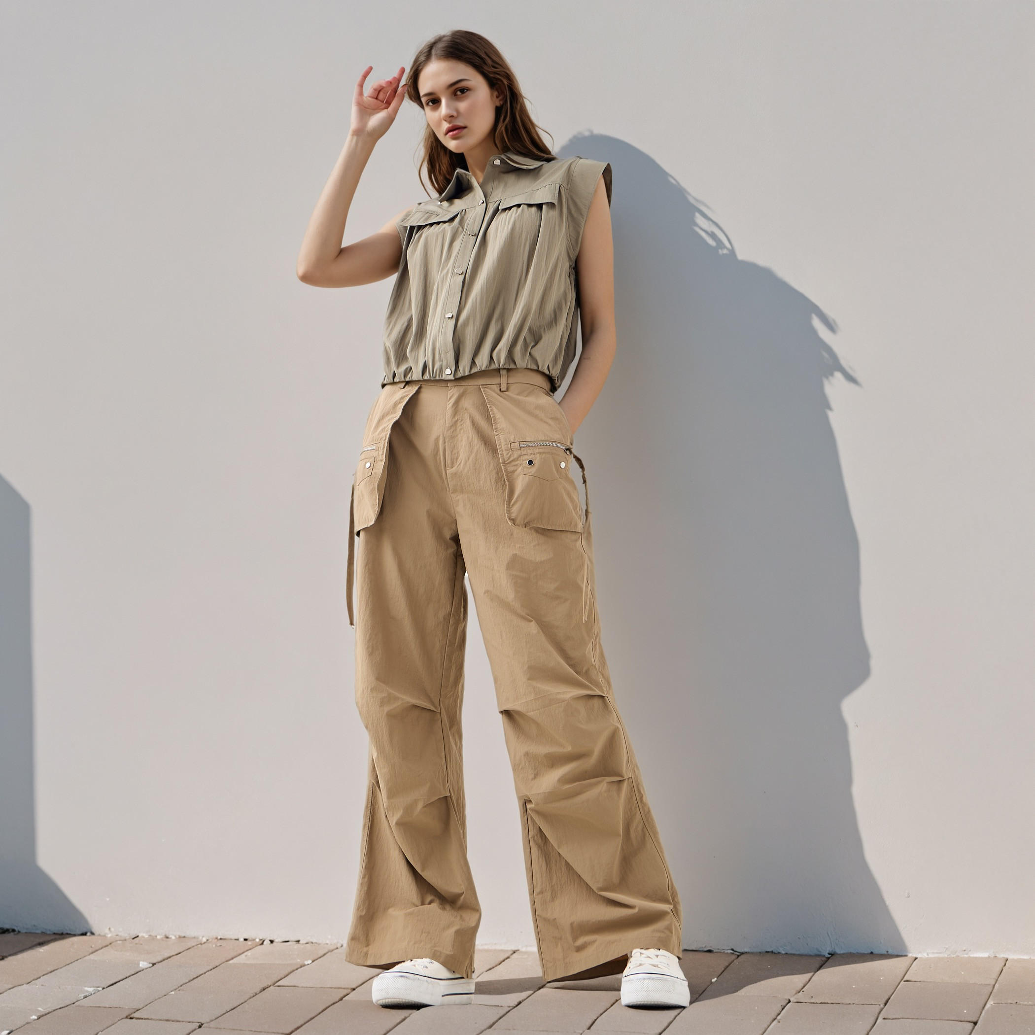 Flap Detail Cap Sleeves Collared Shirt-women-clothing-shirtsandblouses-shirts-image-2