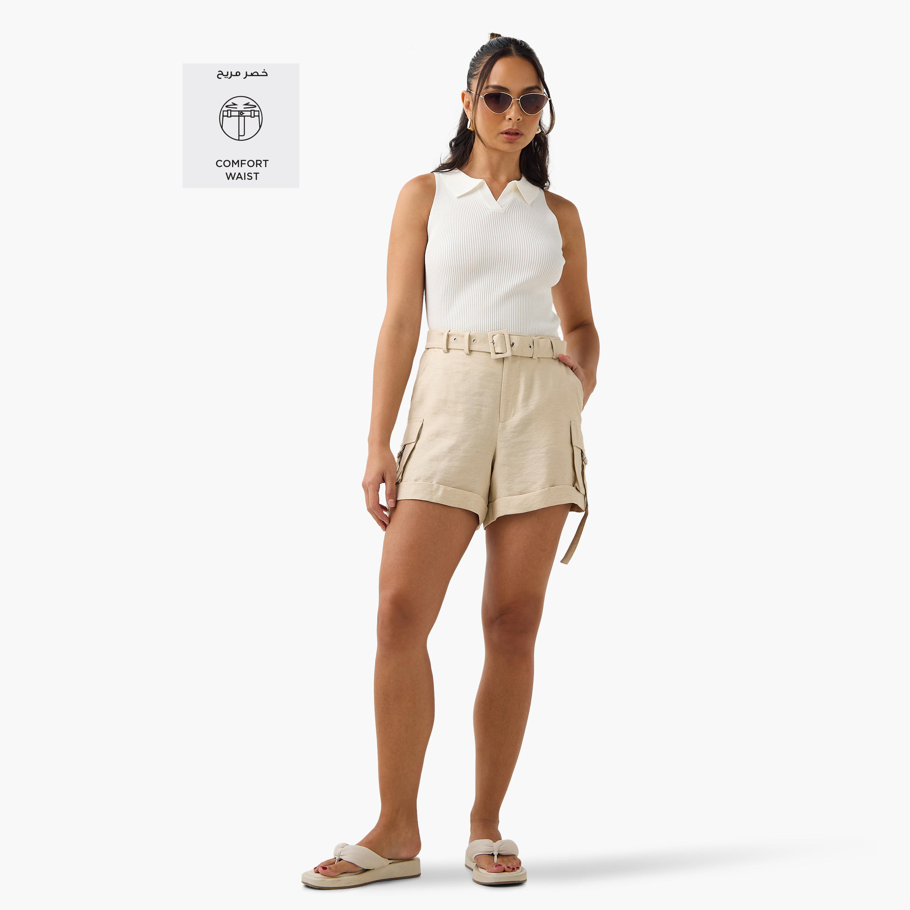 شورت كارجو من مزيج الكتان بحزام-women-clothing-bottoms-shorts-image-2