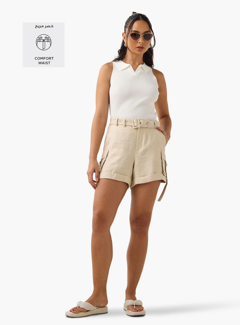 شورت كارجو من مزيج الكتان بحزام-women-clothing-bottoms-shorts-image-2
