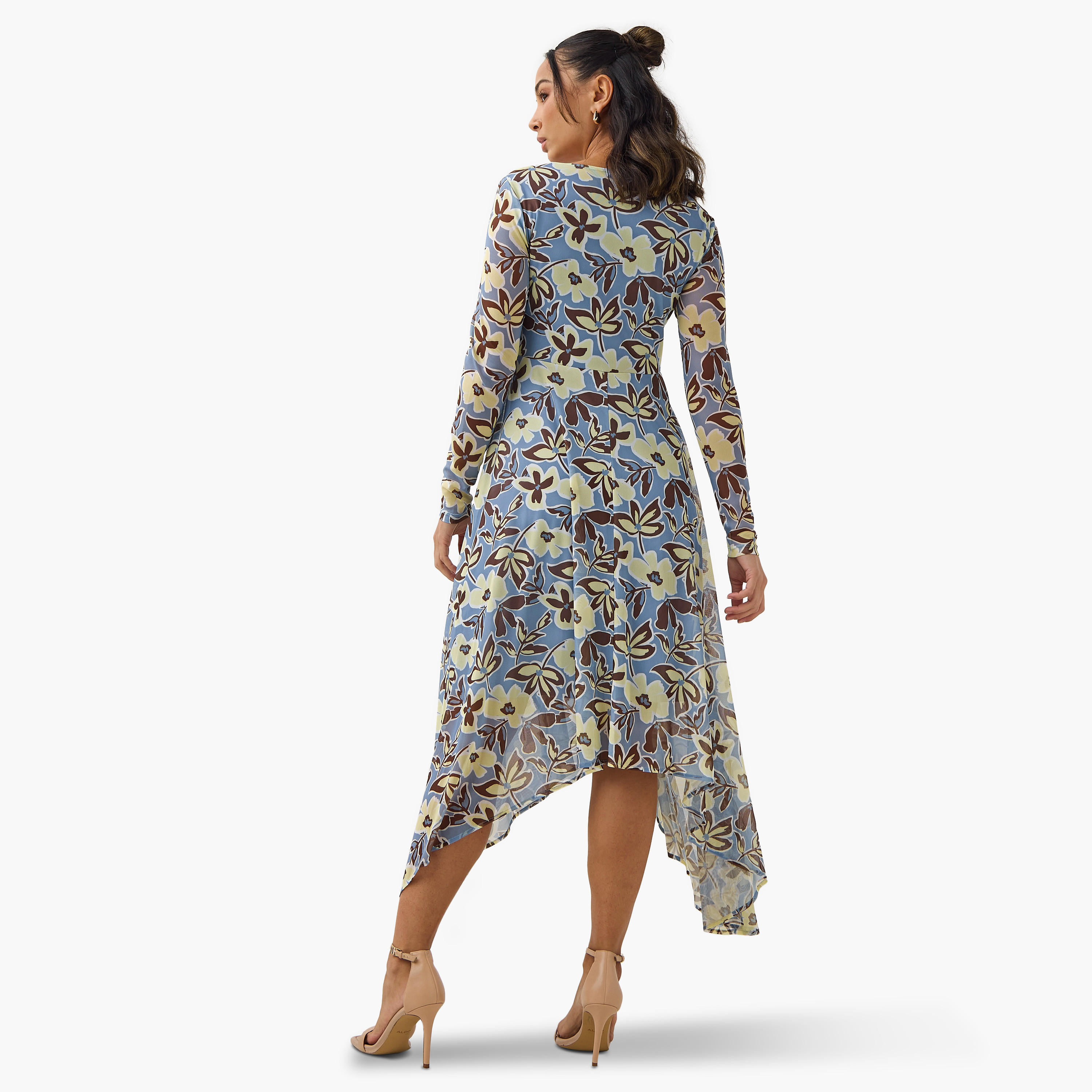 Floral Print V-neck Mesh Dress with Asymmetric Hem-women-clothing-dresses-image-3