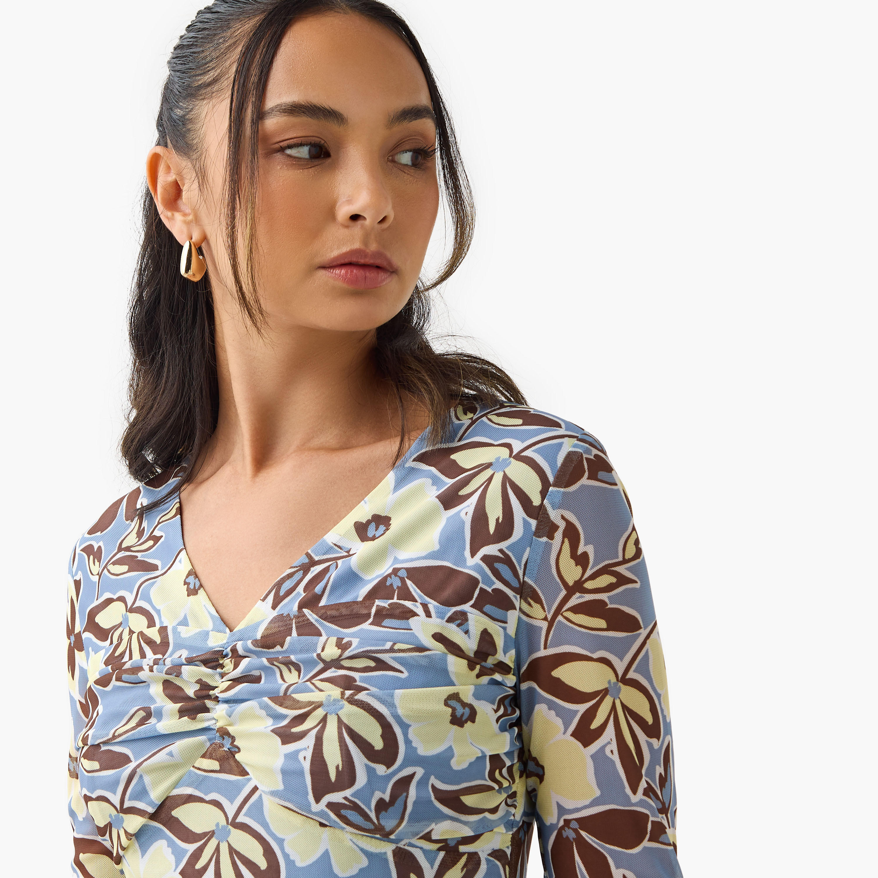 Floral Print V-neck Mesh Dress with Asymmetric Hem-women-clothing-dresses-image-4
