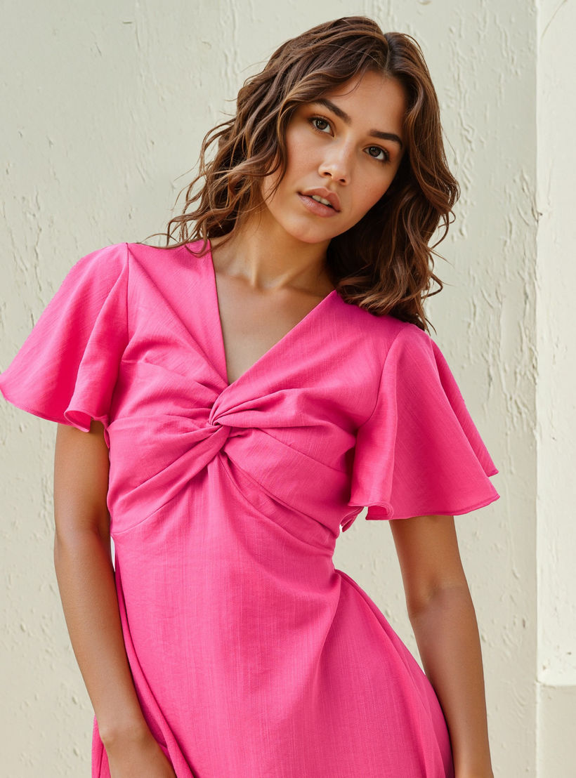 Knot Detail Dress with Tie-Up Belt and Flutter Sleeves-women-clothing-dresses-image-4