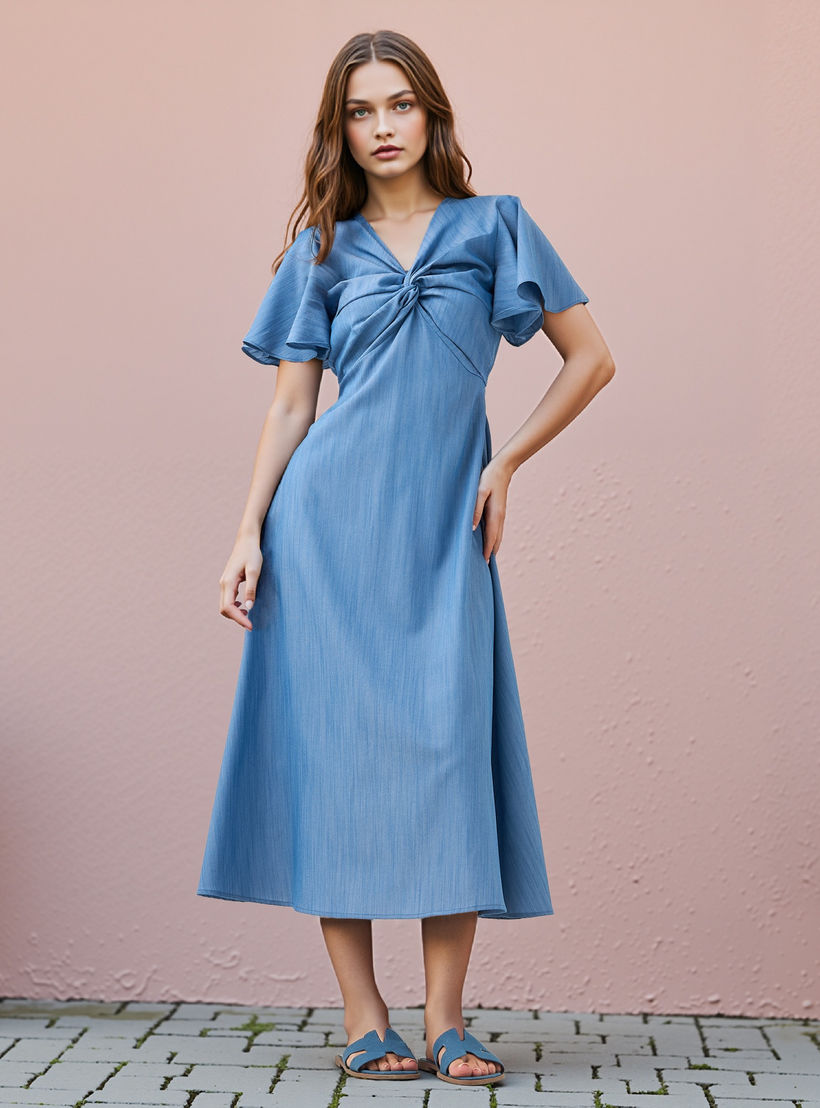 Knot Detail Dress with Tie-Up Belt and Flutter Sleeves-women-clothing-dresses-image-1