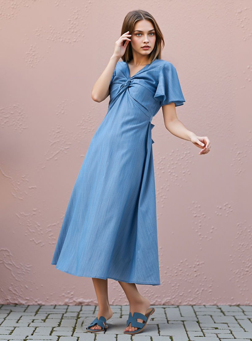 Knot Detail Dress with Tie-Up Belt and Flutter Sleeves-women-clothing-dresses-image-2