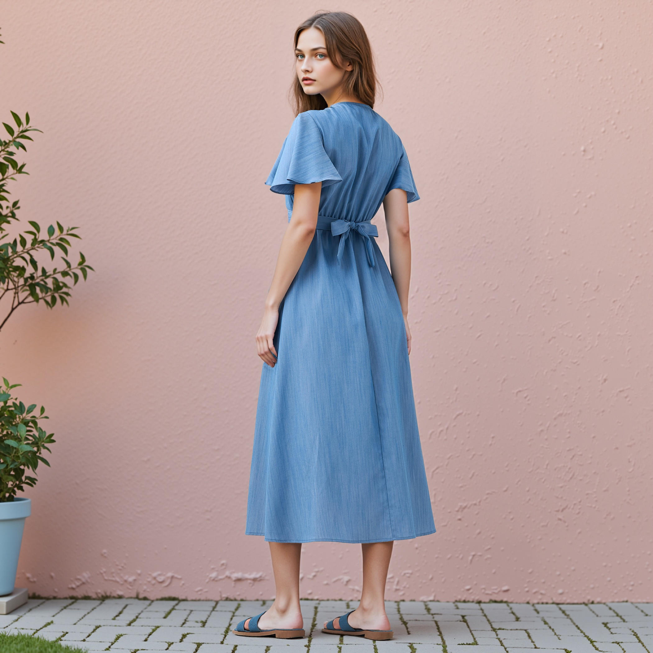 Knot Detail Dress with Tie-Up Belt and Flutter Sleeves-women-clothing-dresses-image-3