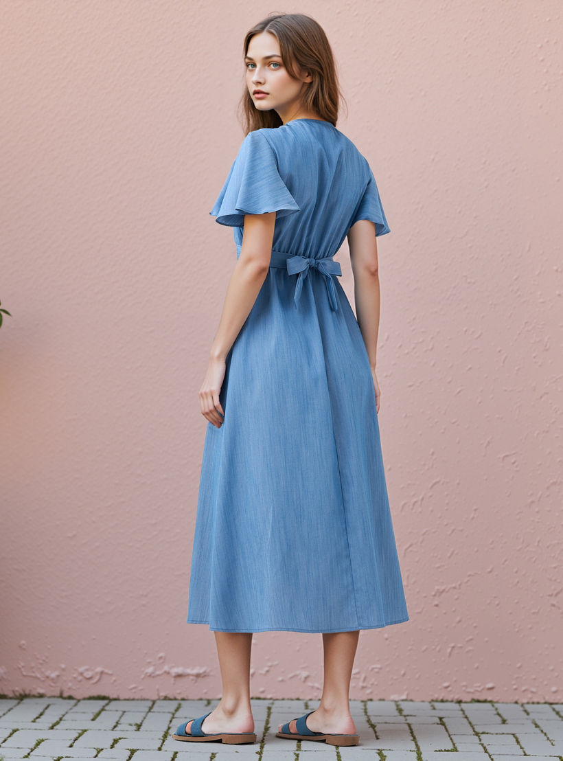 Knot Detail Dress with Tie-Up Belt and Flutter Sleeves-women-clothing-dresses-image-3