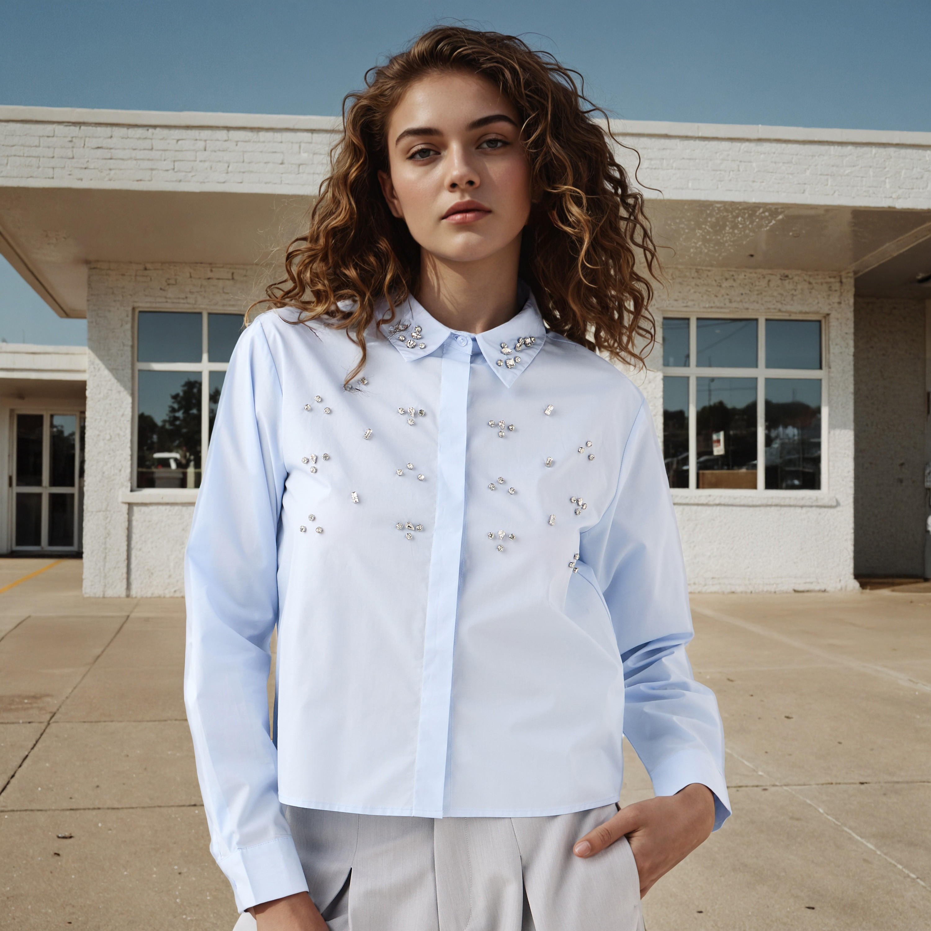 قميص قطن مزين بأكمام طويلة-women-clothing-shirtsandblouses-shirts-image-1