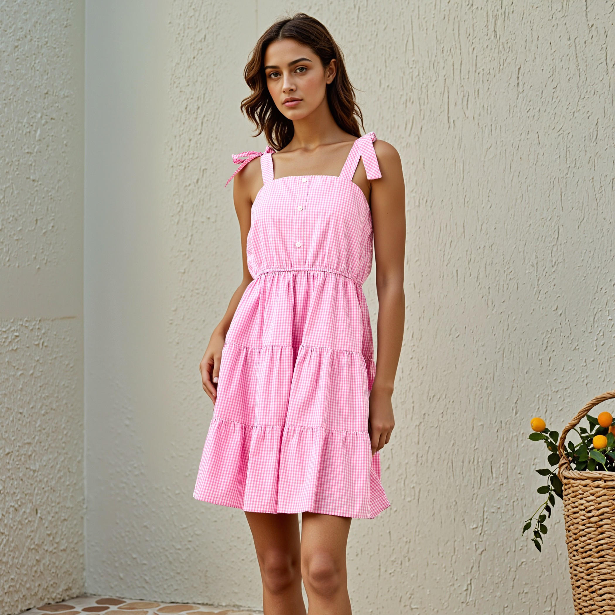 Checked Sleeveless Tiered Square Neck Dress with Tie-Up Detail-women-clothing-dresses-image-1