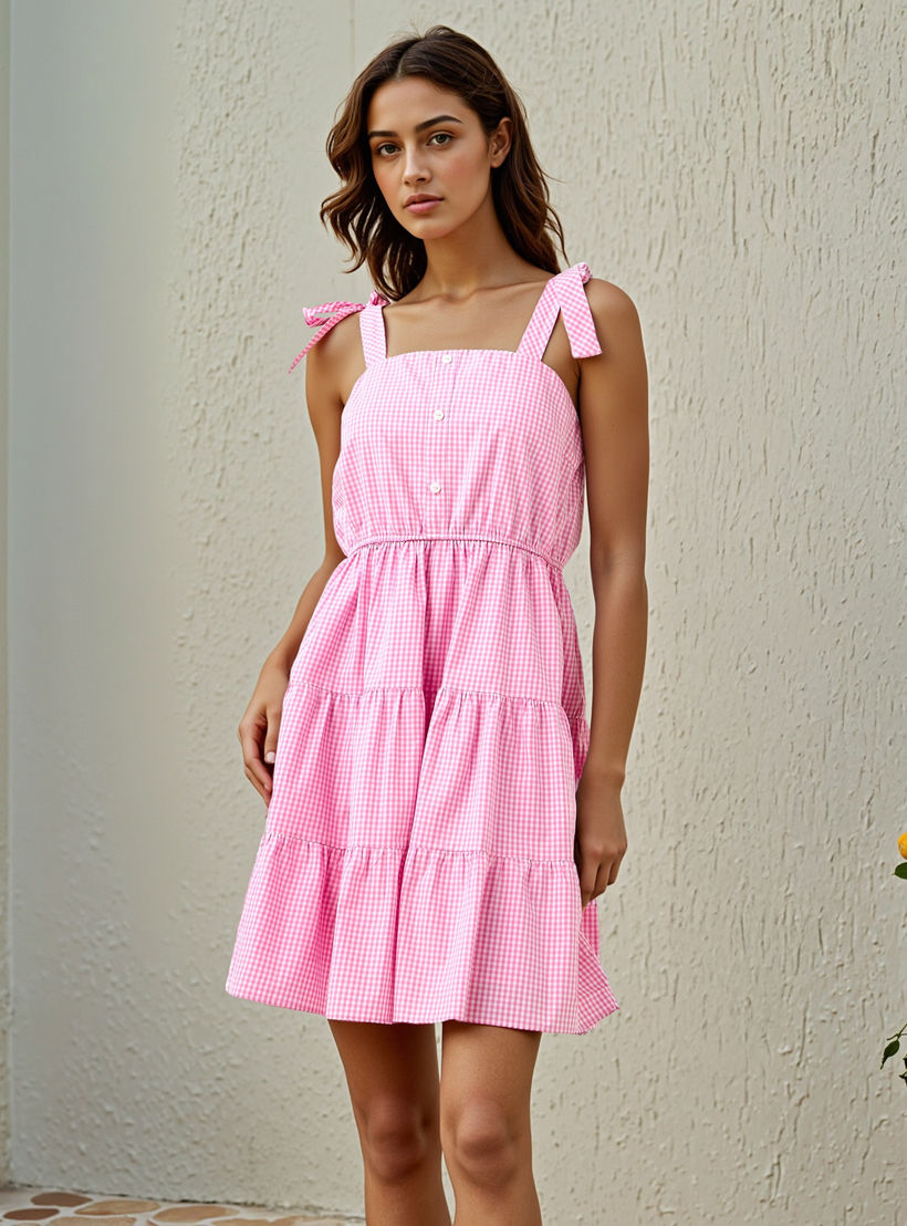 Checked Sleeveless Tiered Square Neck Dress with Tie-Up Detail-women-clothing-dresses-image-1