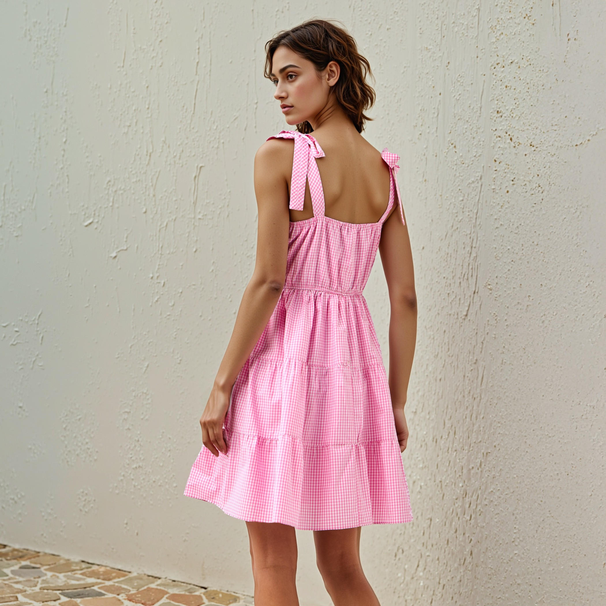 Checked Sleeveless Tiered Square Neck Dress with Tie-Up Detail-women-clothing-dresses-image-3