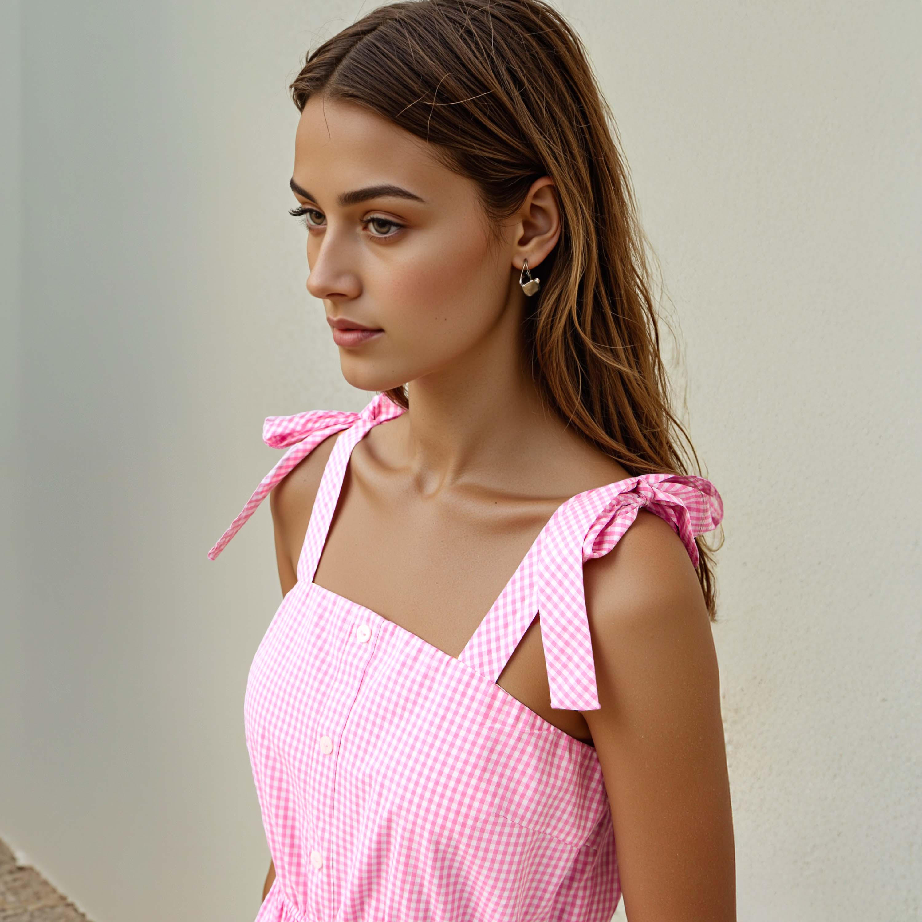 Checked Sleeveless Tiered Square Neck Dress with Tie-Up Detail-women-clothing-dresses-image-4