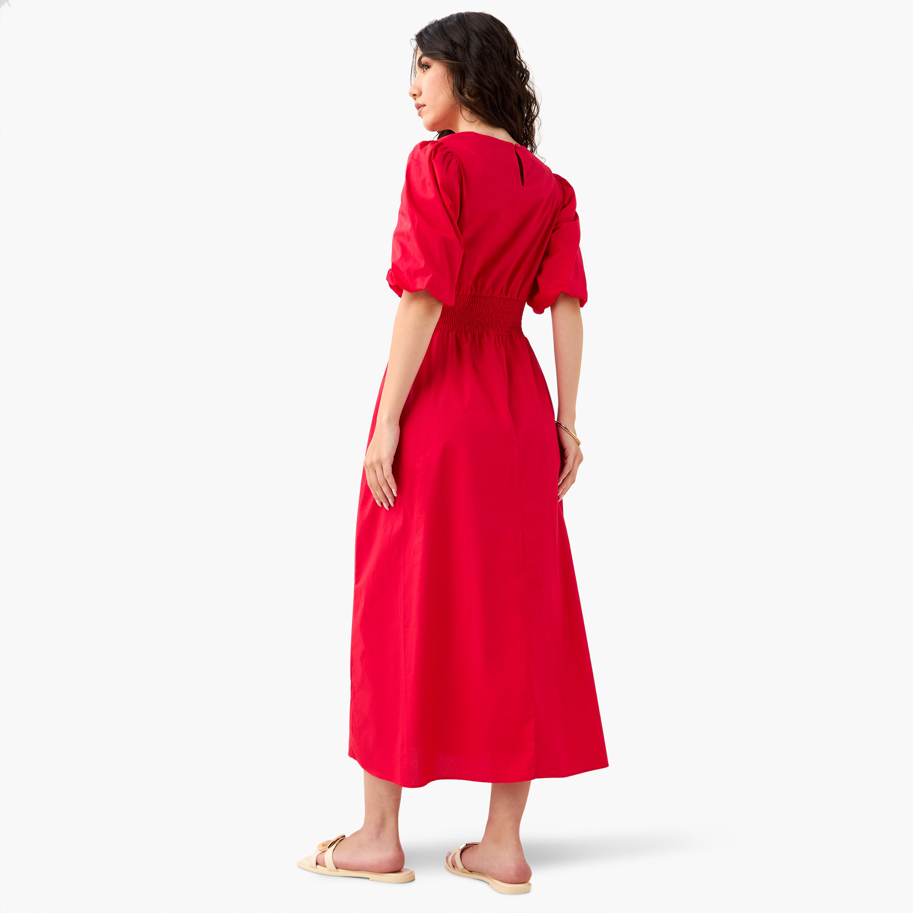 Smocked Detail Midi Cotton Dress with Balloon Sleeves-women-clothing-dresses-image-3