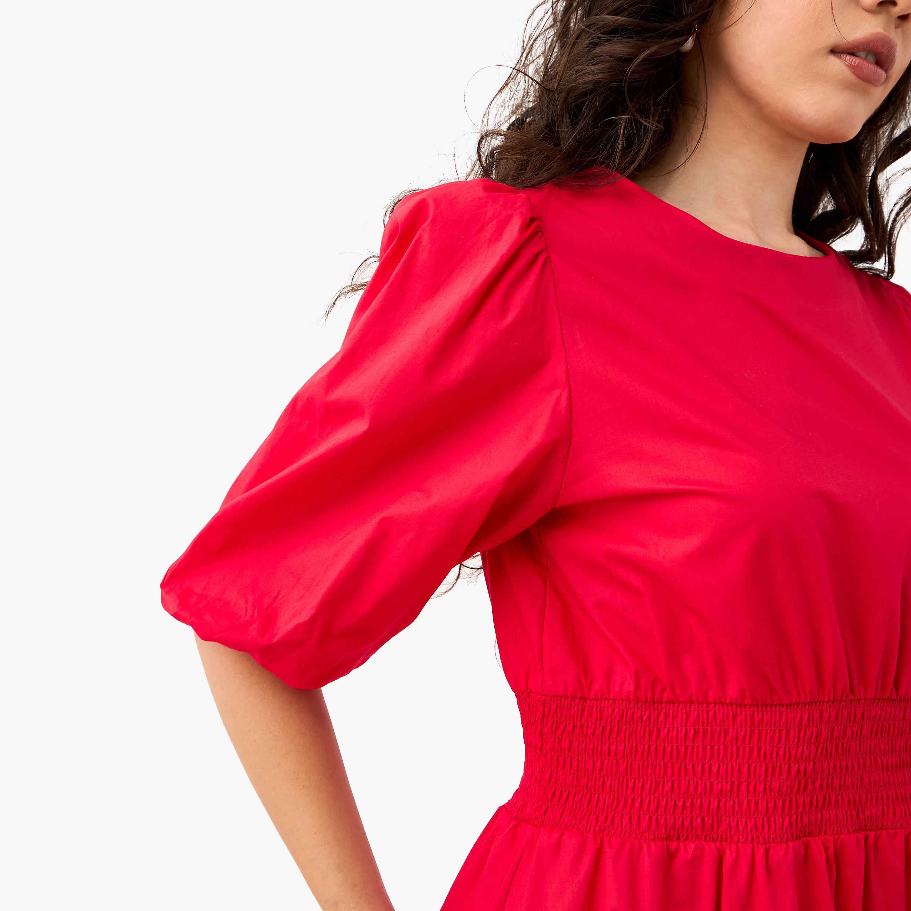 Smocked Detail Midi Cotton Dress with Balloon Sleeves-women-clothing-dresses-image-4