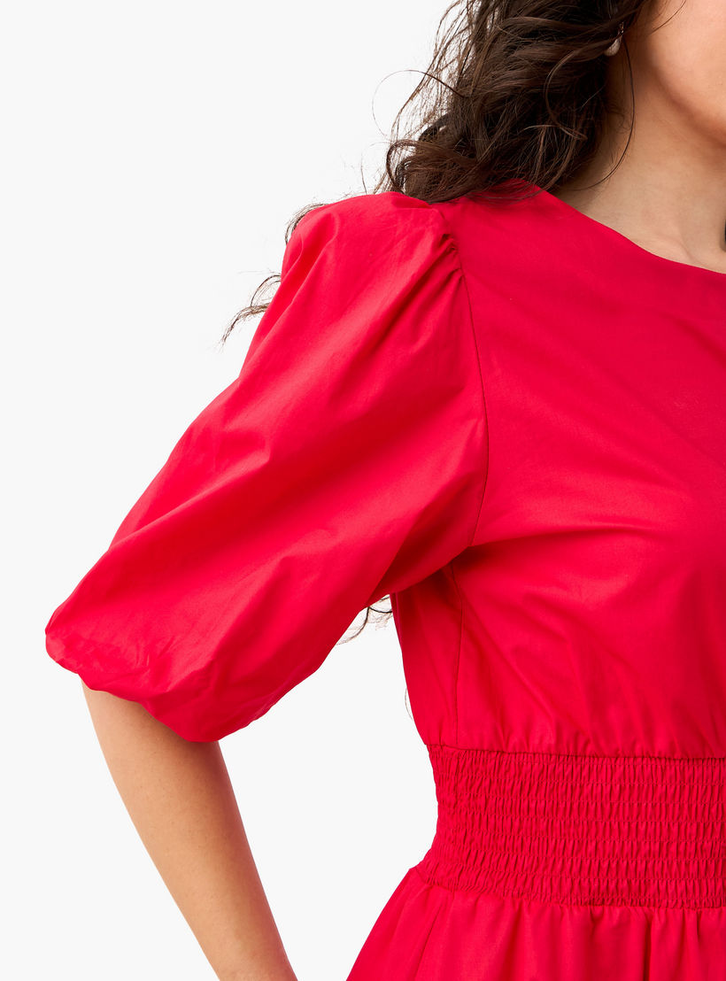 Smocked Detail Midi Cotton Dress with Balloon Sleeves-women-clothing-dresses-image-4