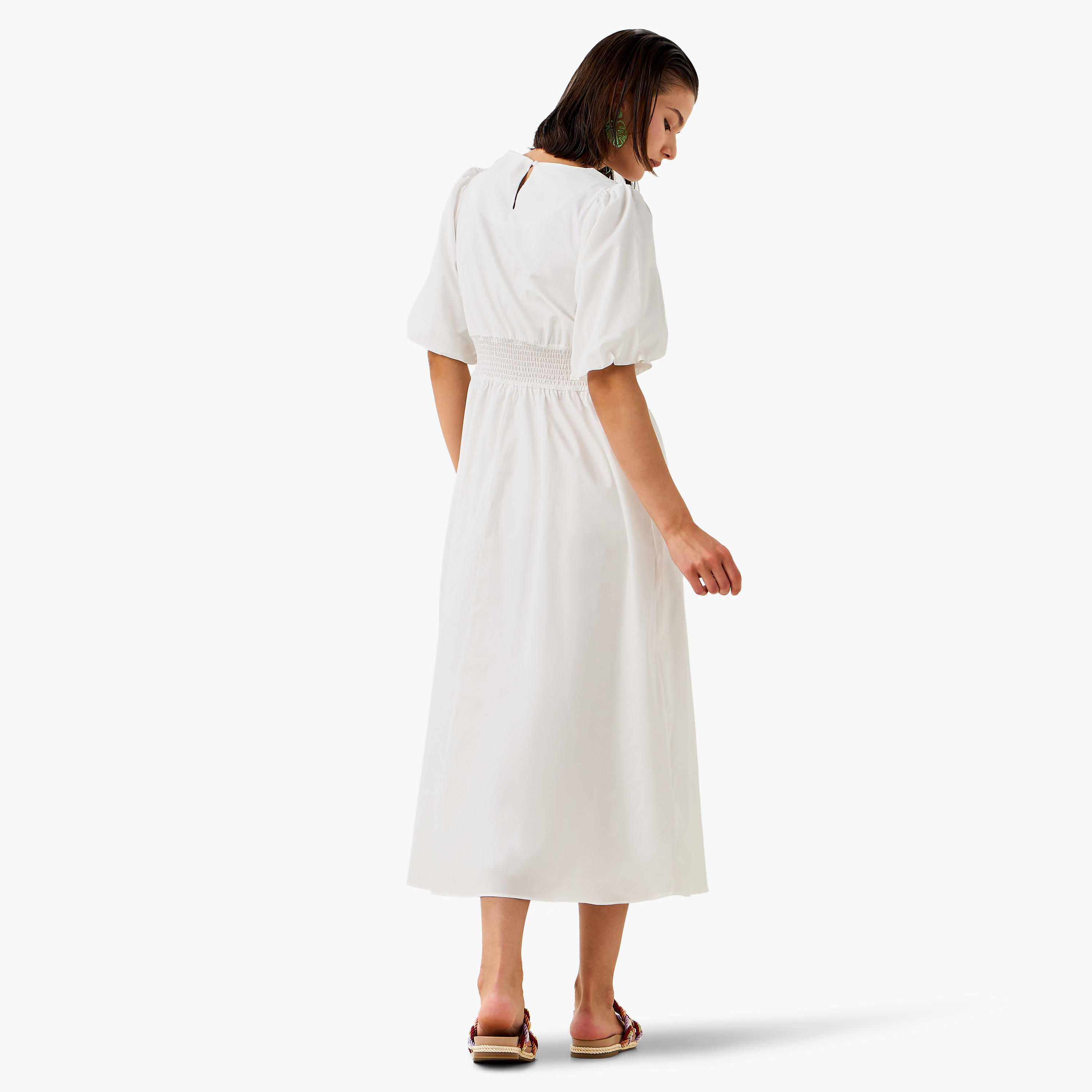 Smocked Detail Midi Cotton Dress with Balloon Sleeves-women-clothing-dresses-image-3