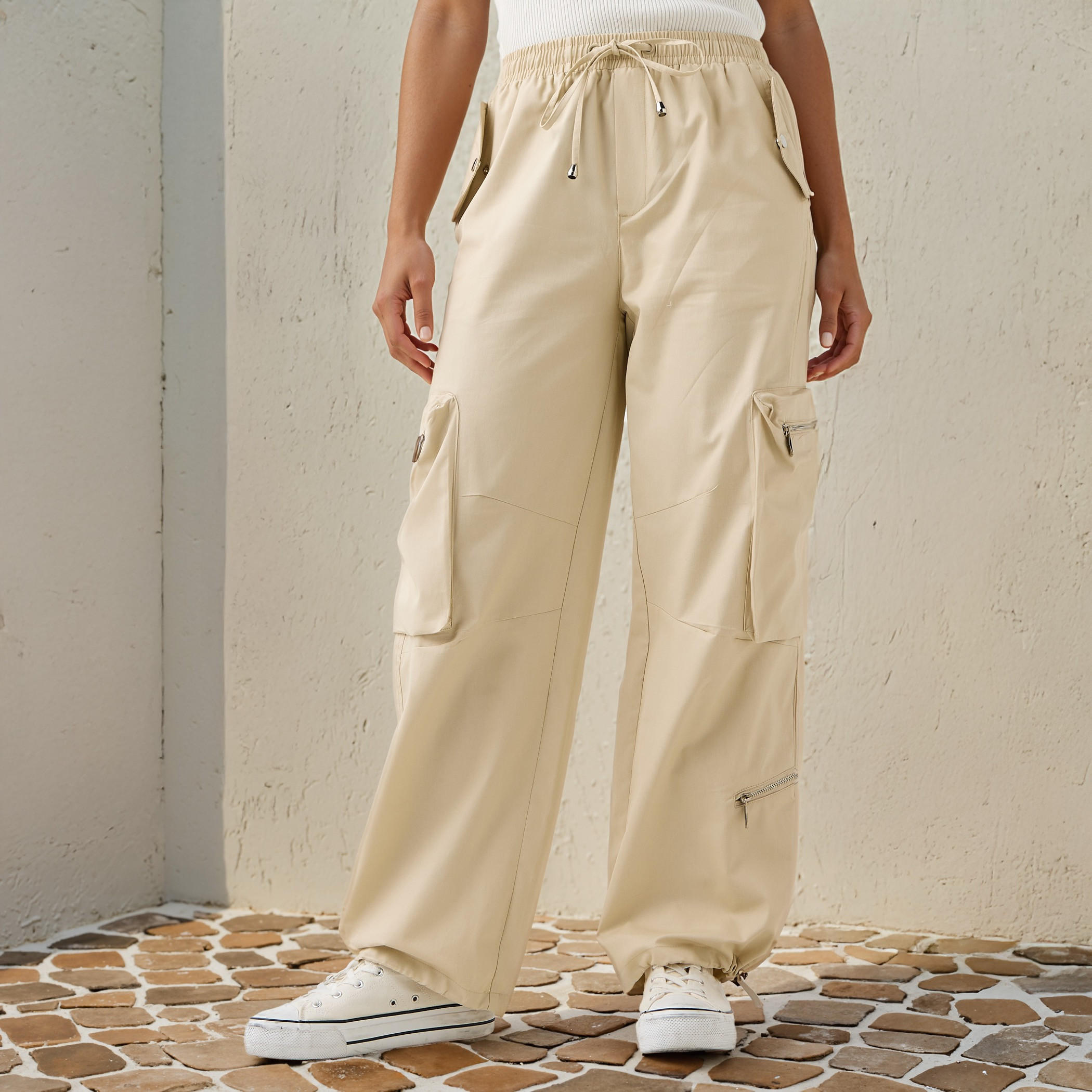 Cargo Pants with Zipper Pockets and Drawstring Closure-women-clothing-bottoms-trousers-image-1