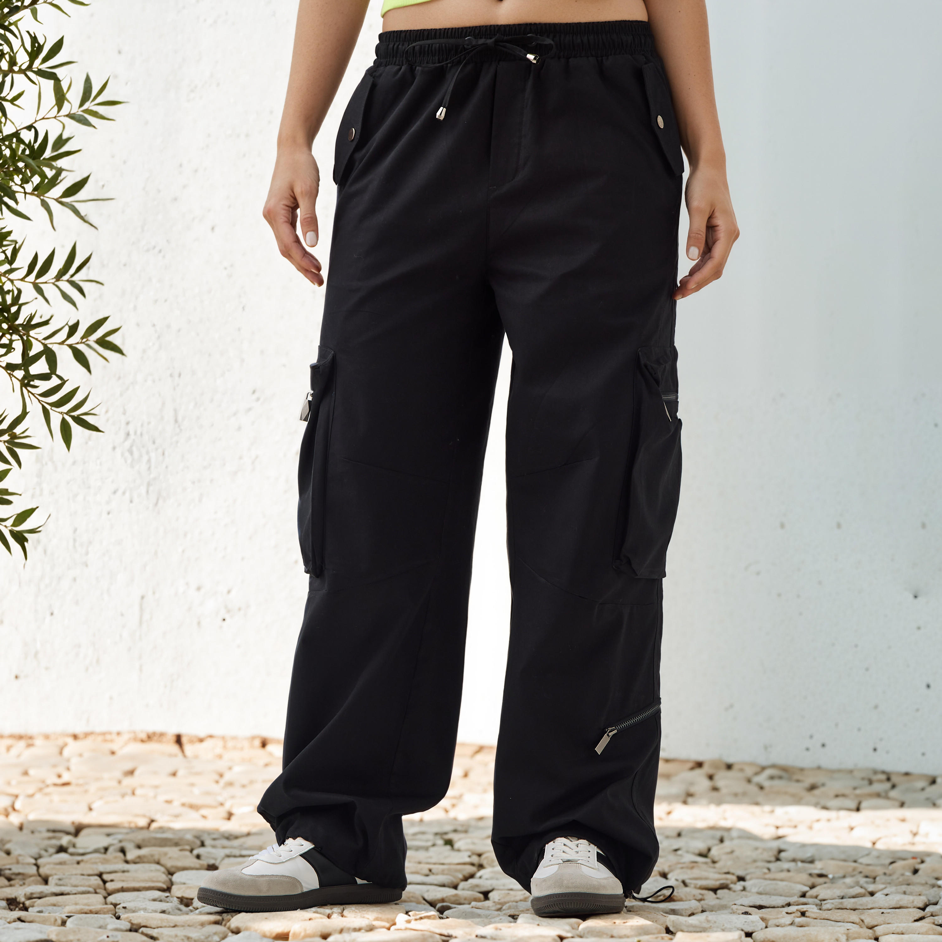 Cargo Pants with Zipper Pockets and Drawstring Closure-women-clothing-bottoms-trousers-image-1