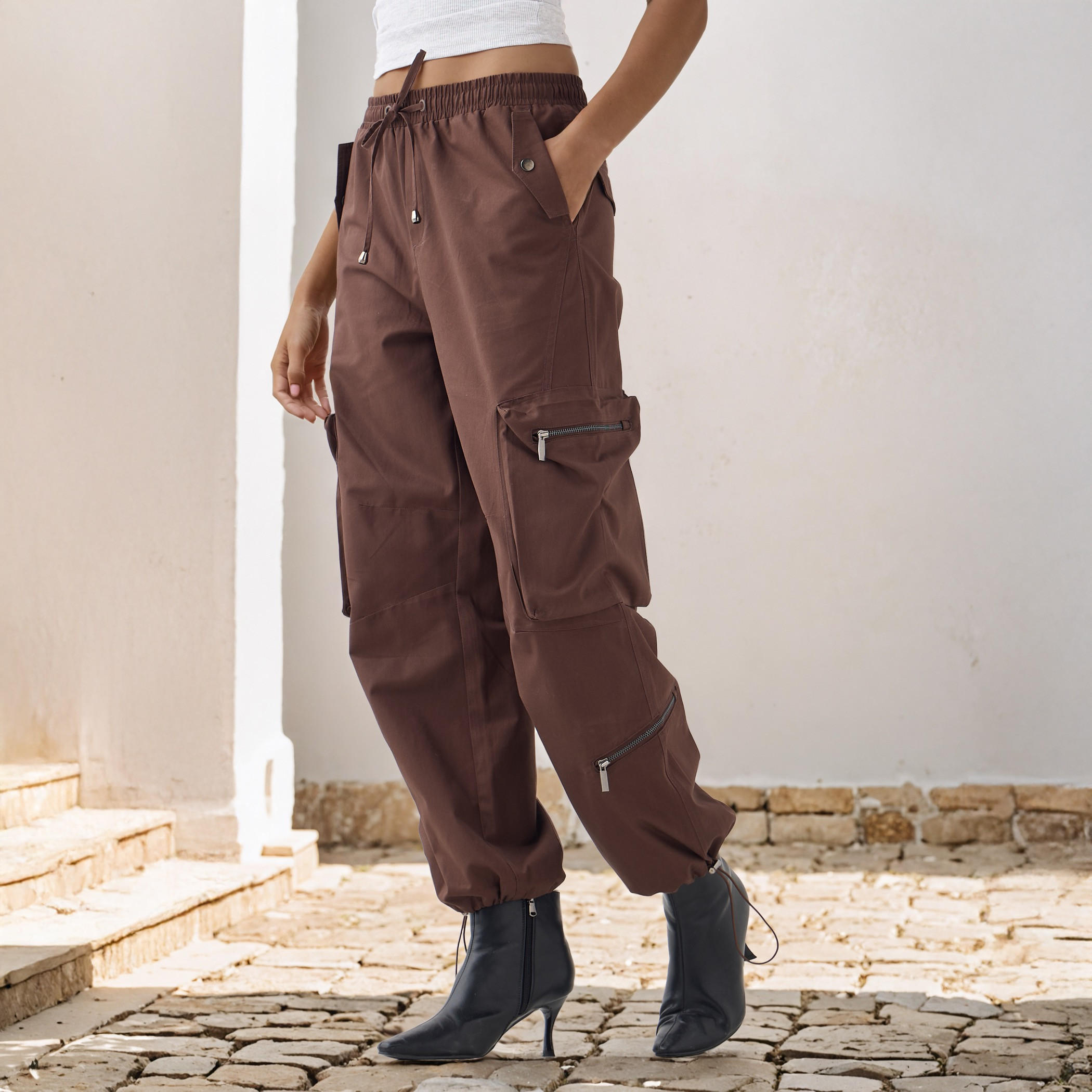 Flexi Waist Cargo Pants with Zipper Pockets-women-clothing-bottoms-trousers-image-1