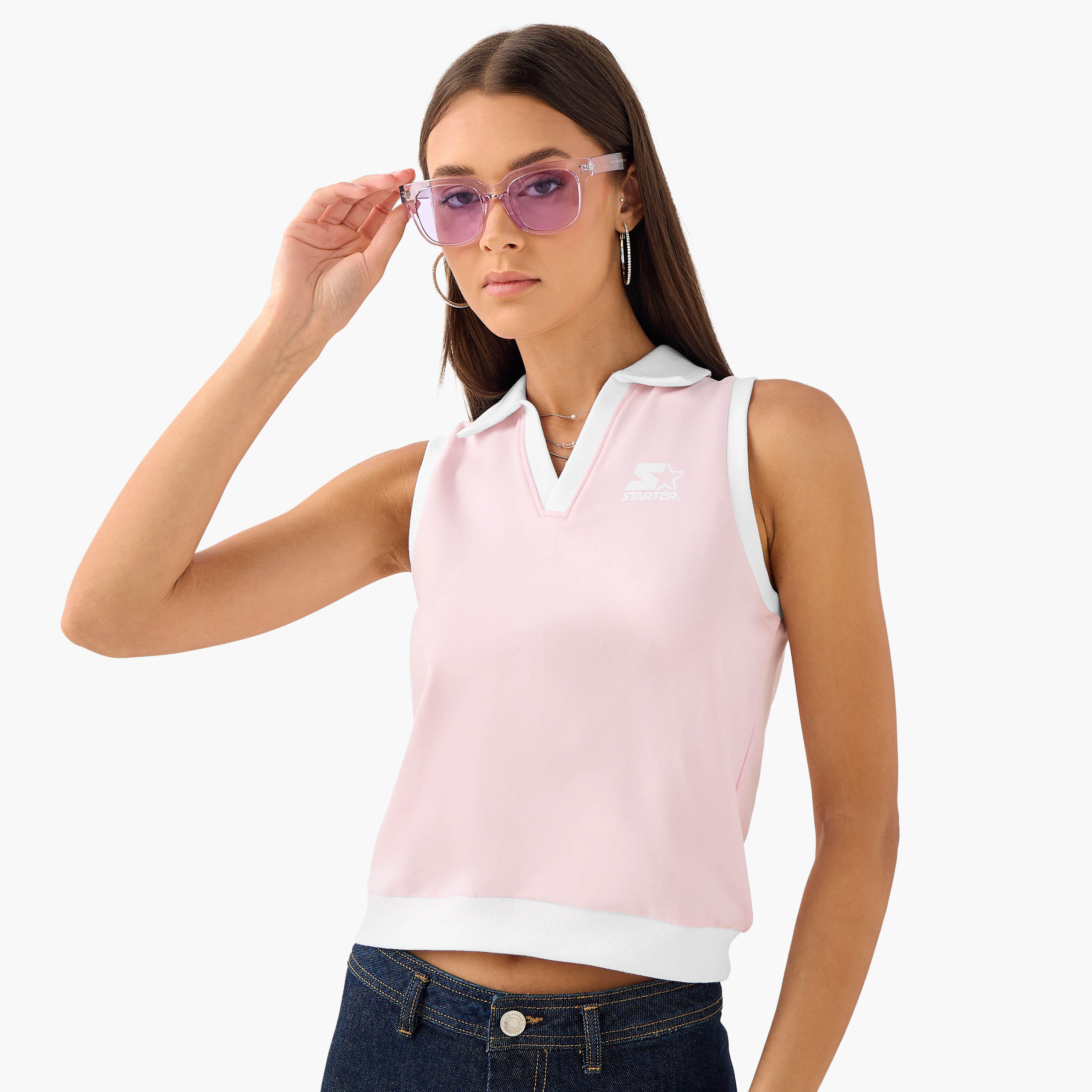 Contrast Piping Sleeveless Polo T-shirt-women-clothing-tshirts-image-1