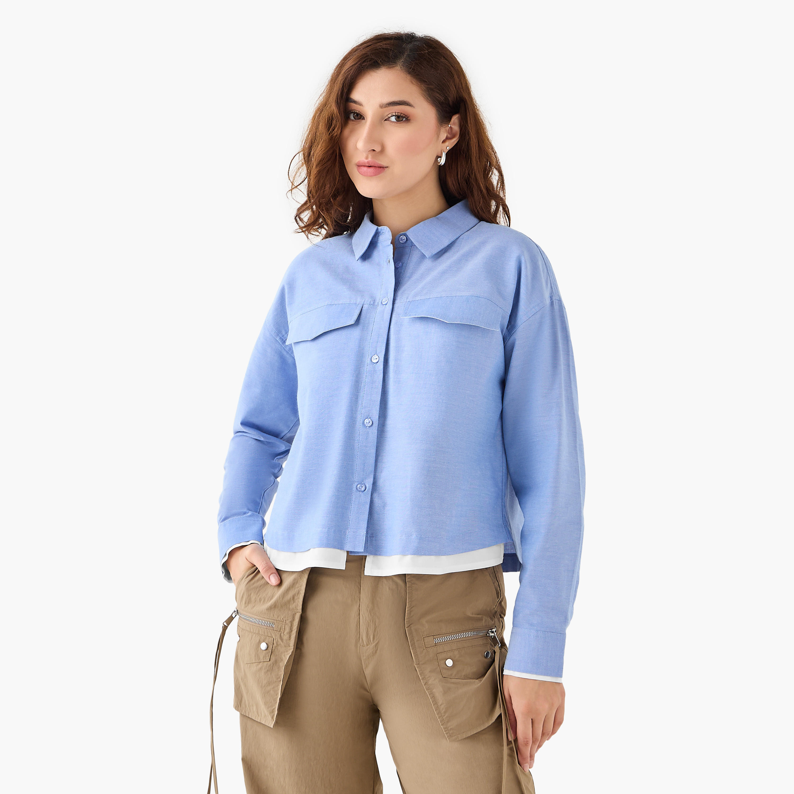 Flap Pocket Crop Cotton Shirt-women-clothing-shirtsandblouses-shirts-image-1
