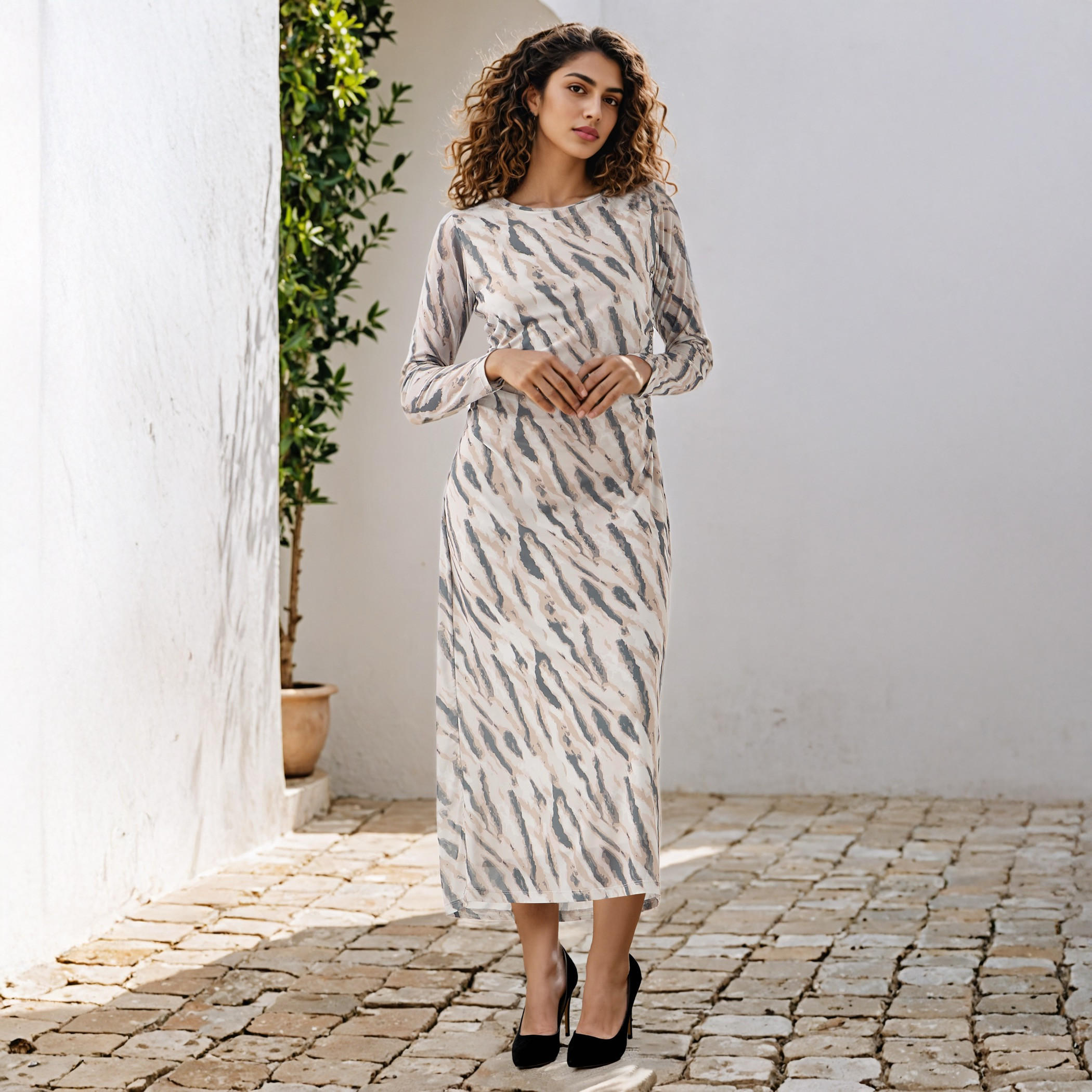 All-Over Print Mesh Dress with Ruched Detail-women-clothing-dresses-image-1