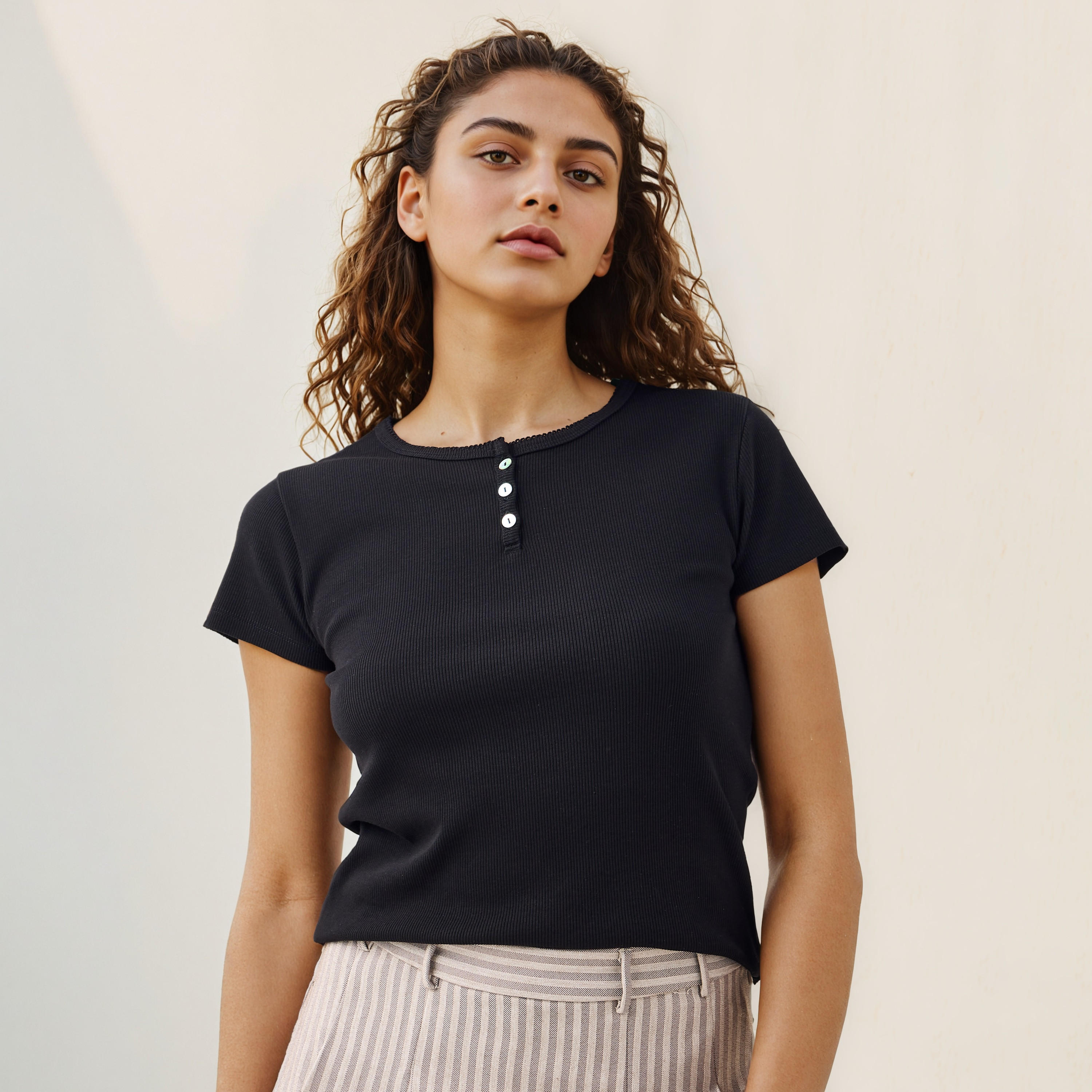 Ribbed Henley Neck T-shirt-women-clothing-tshirts-image-1