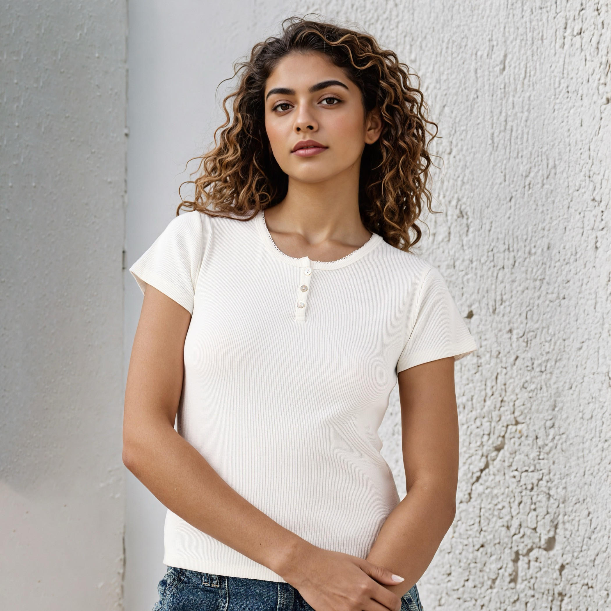 تيشيرت مضلع بياقة هينلي-women-clothing-tshirts-image-1