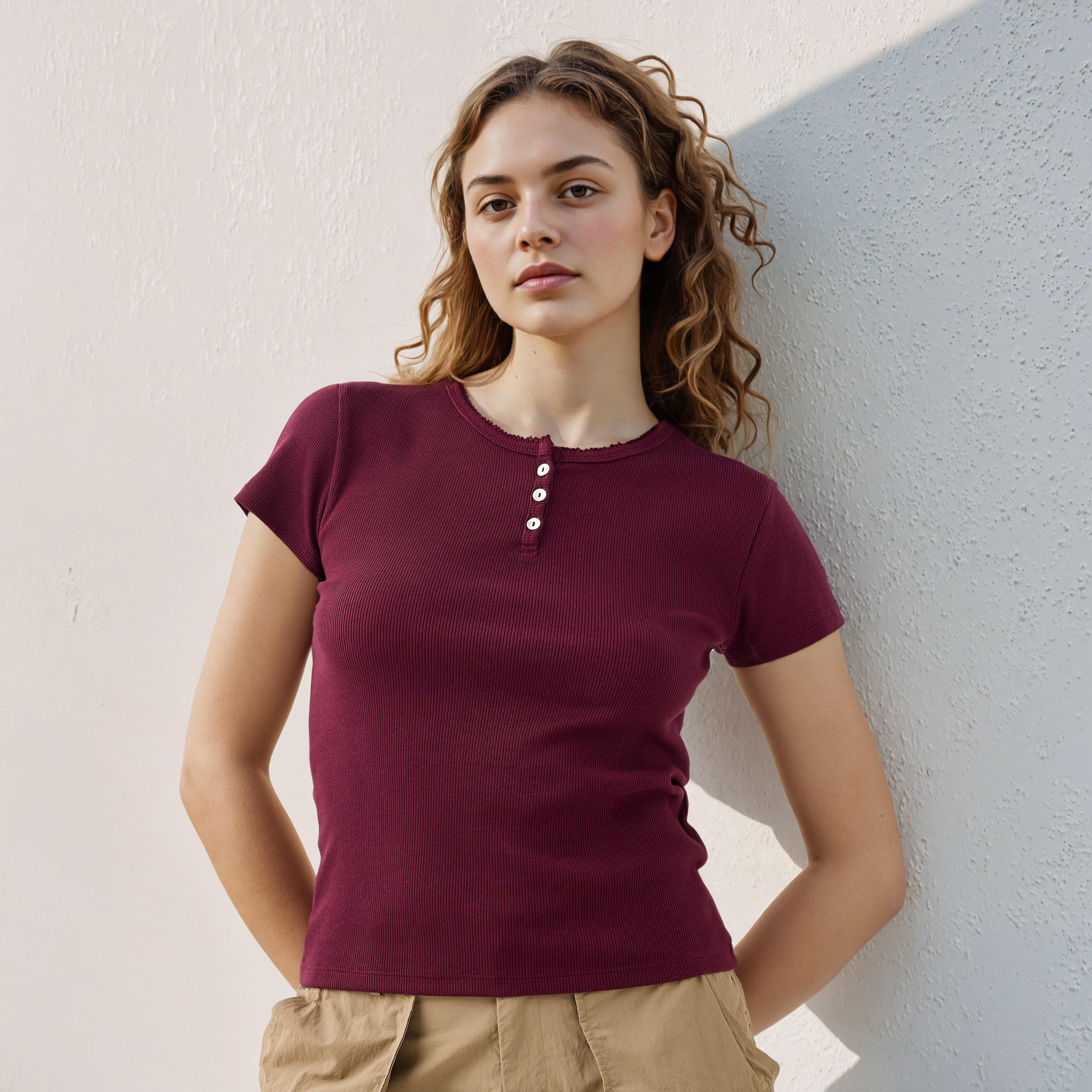 تيشيرت مضلع بياقة هينلي-women-clothing-tshirts-image-1
