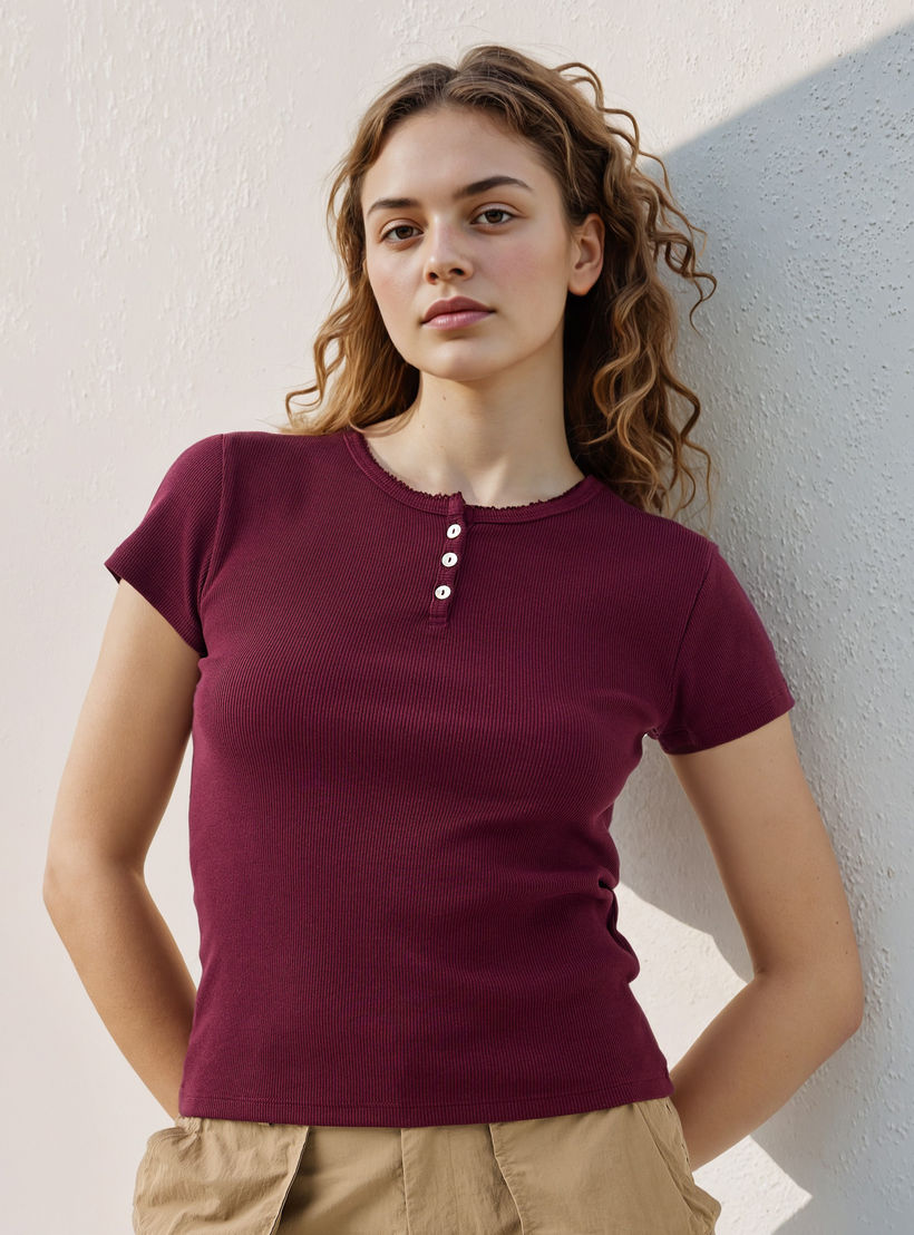 Ribbed Henley Neck T-shirt-women-clothing-tshirts-image-1