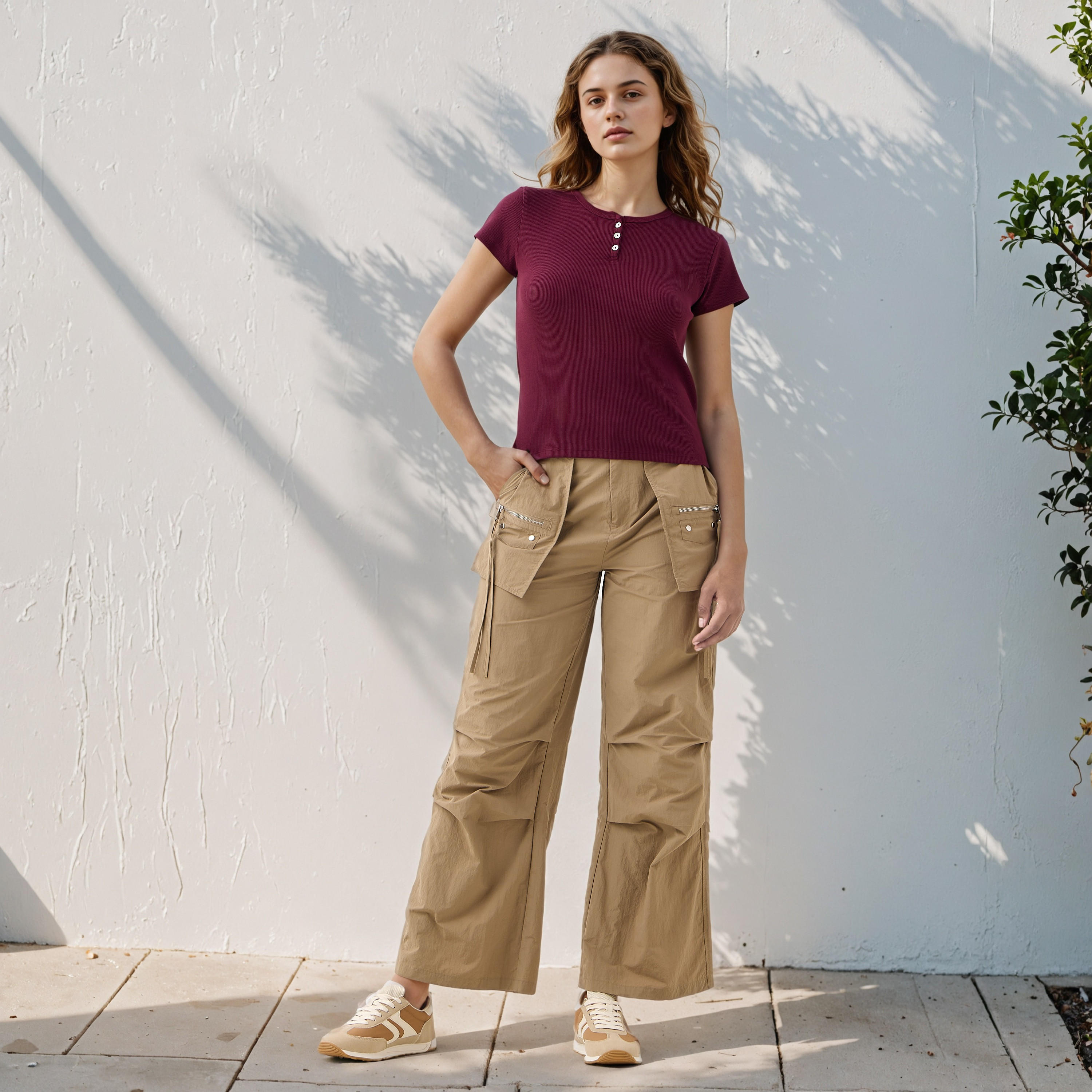 تيشيرت مضلع بياقة هينلي-women-clothing-tshirts-image-2