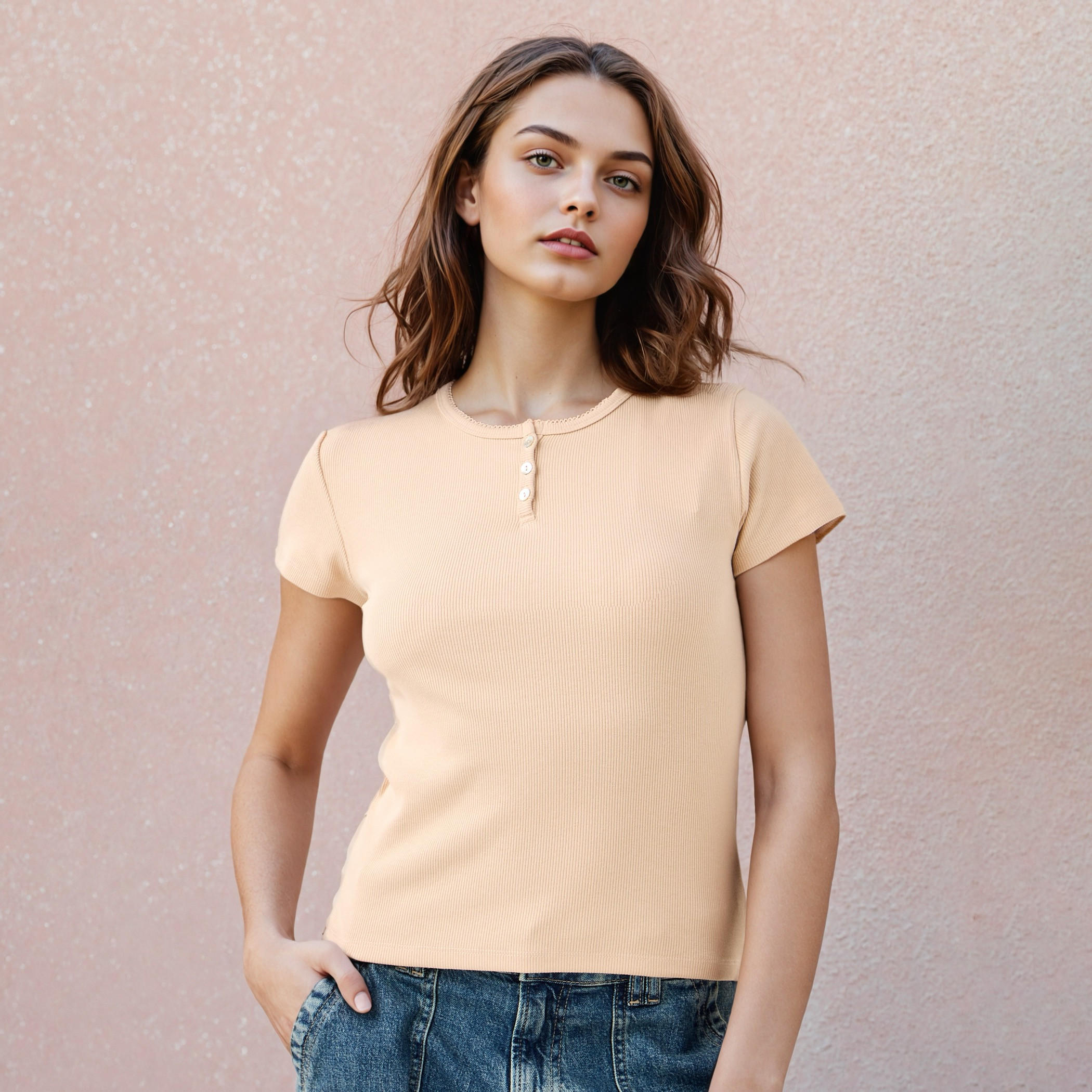 Ribbed Henley Neck T-shirt-women-clothing-tshirts-image-1