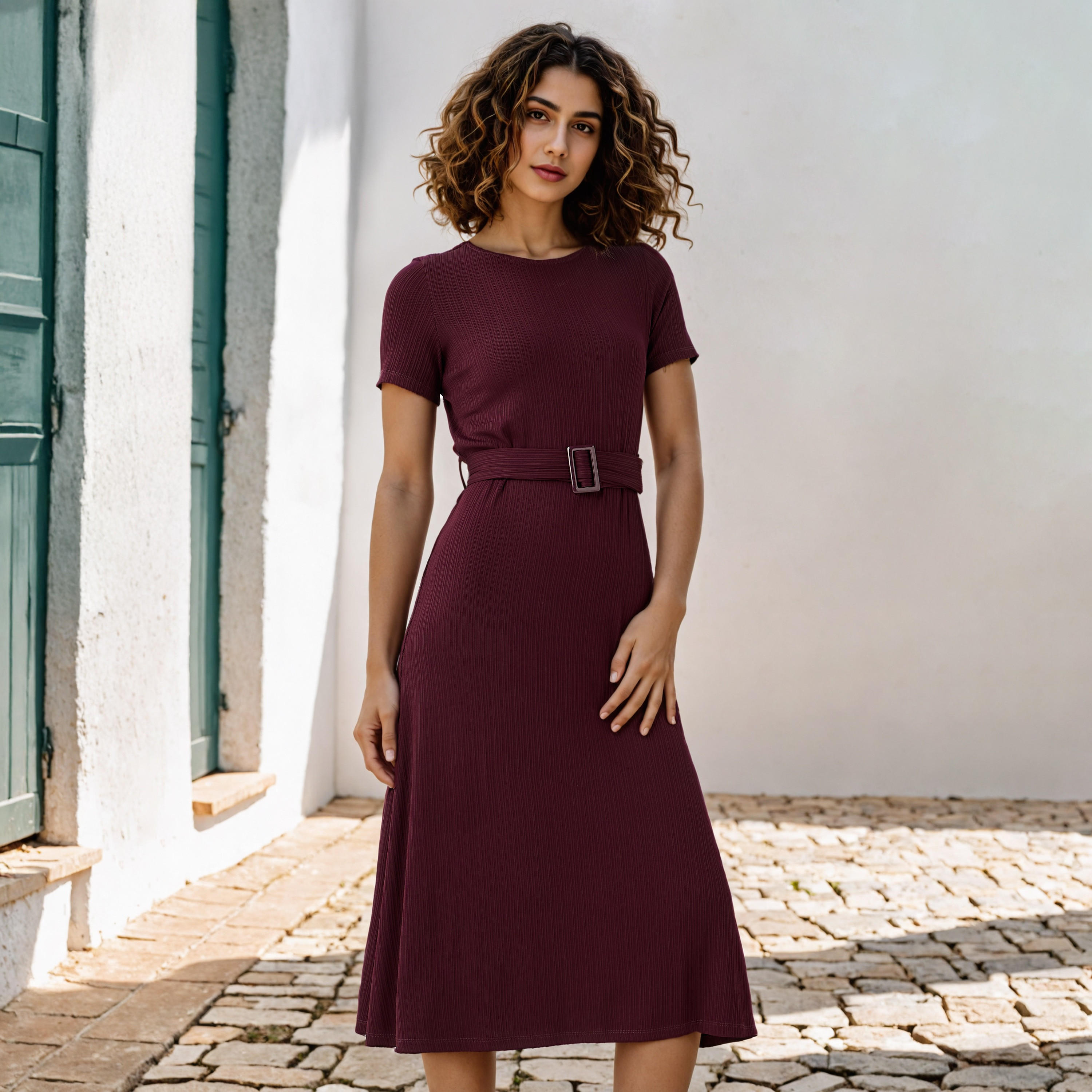 فستان ميدي مضلع بحزام قابل للفصل-women-clothing-dresses-image-1