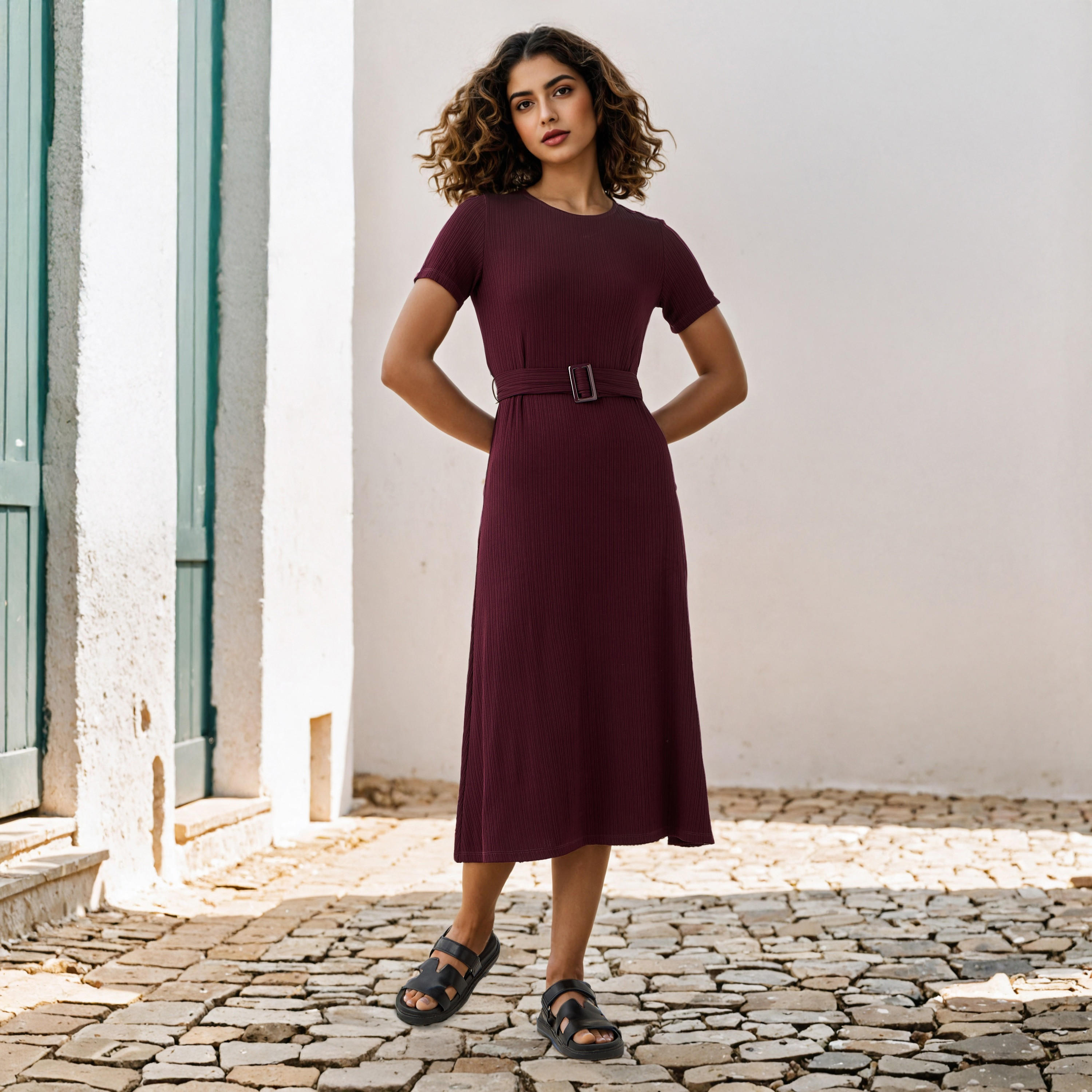 فستان ميدي مضلع بحزام قابل للفصل-women-clothing-dresses-image-2
